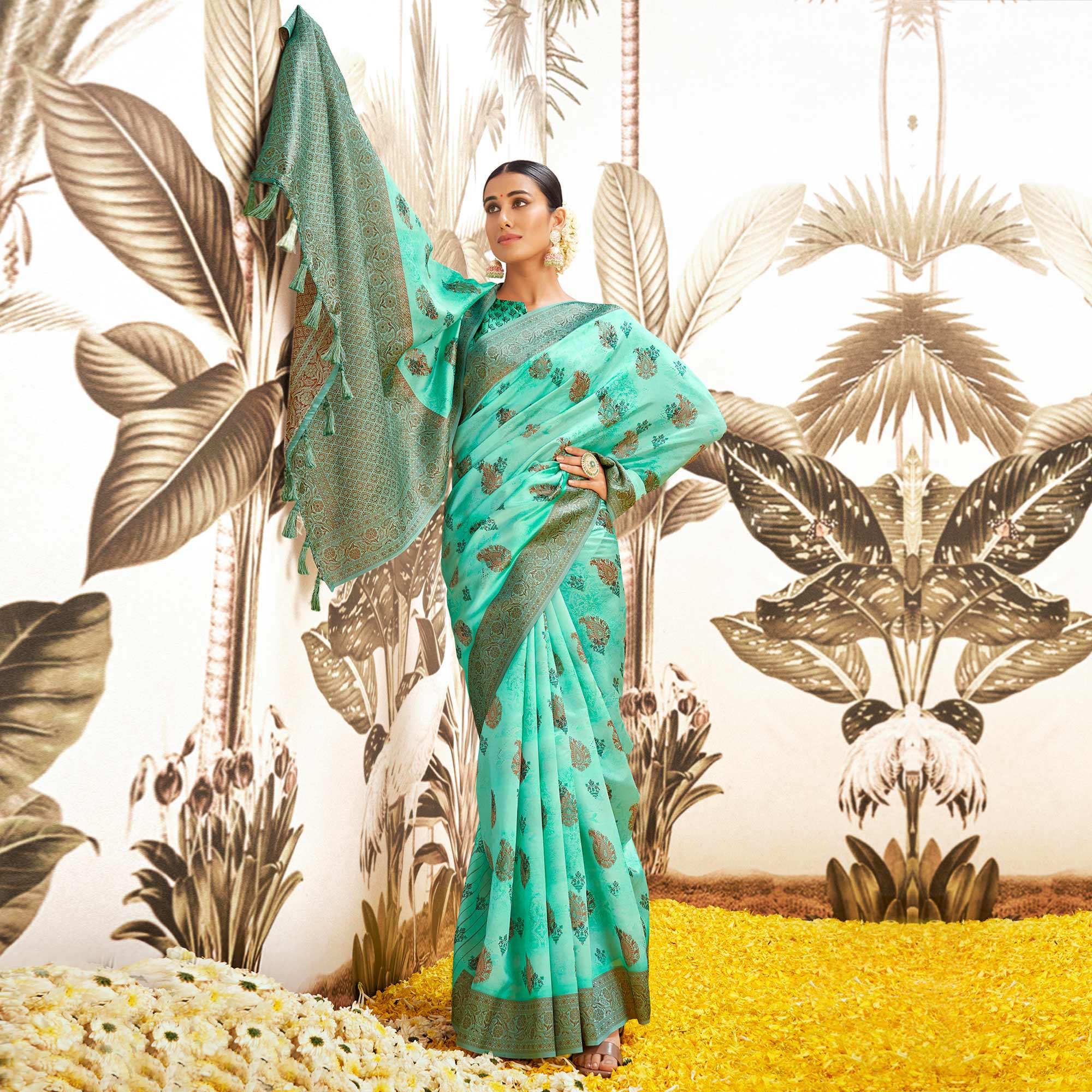 Aqua Blue Digital Printed Art Silk Saree With Tassels - Peachmode