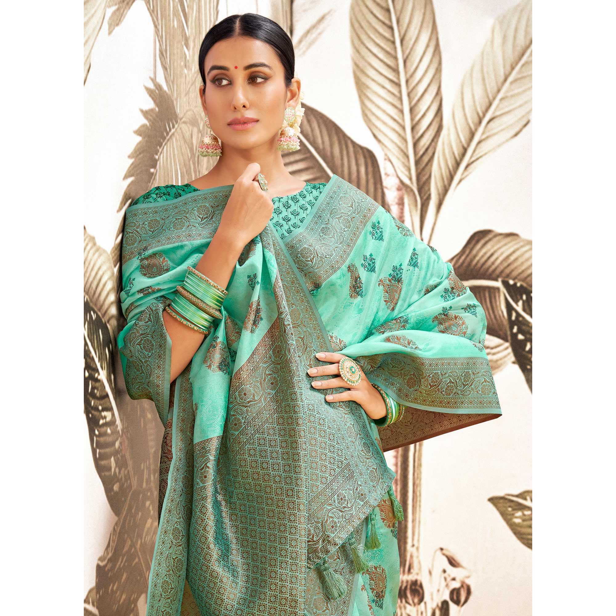 Aqua Blue Digital Printed Art Silk Saree With Tassels - Peachmode