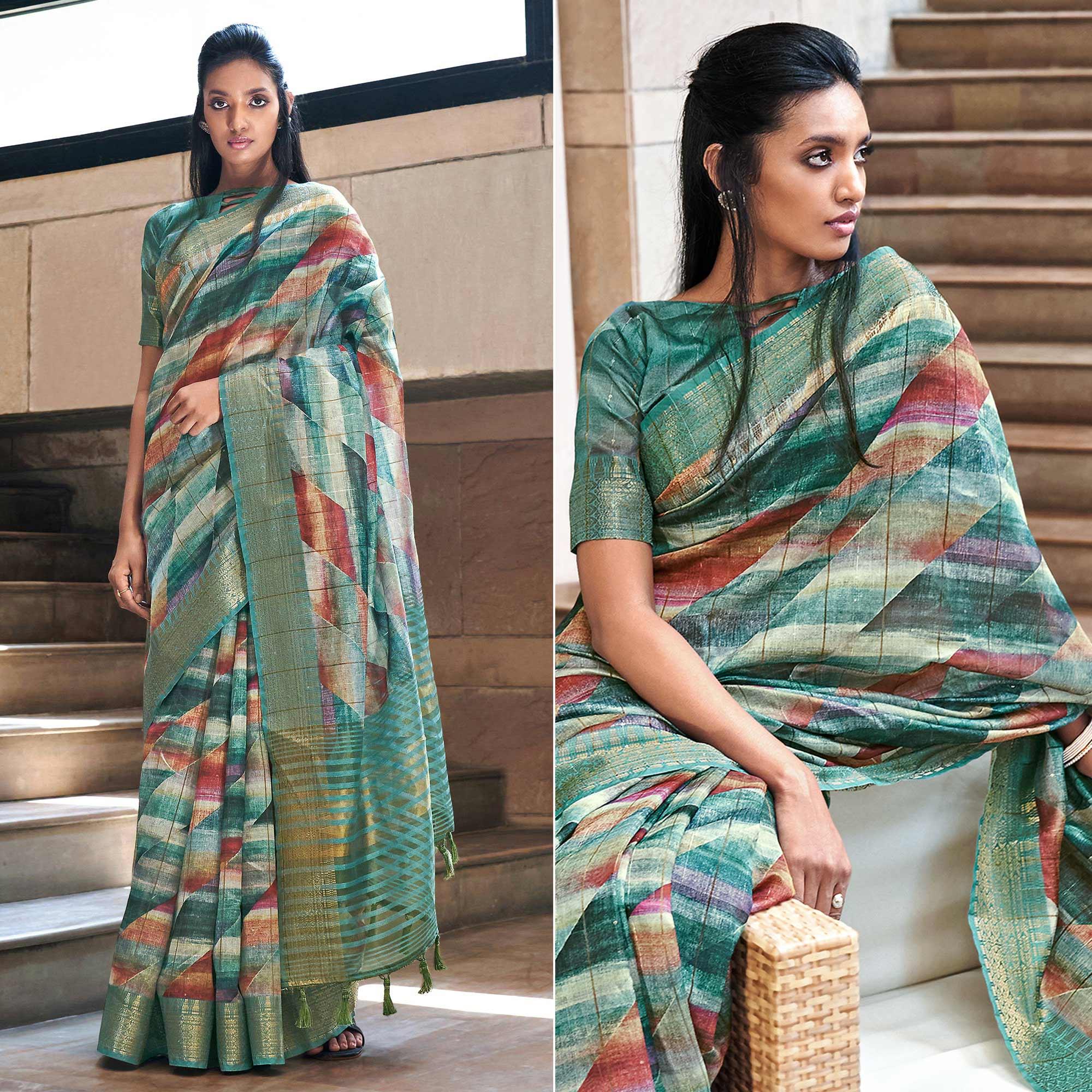 Aqua Blue Digital Printed-Woven Art Silk Saree With Tassels - Peachmode