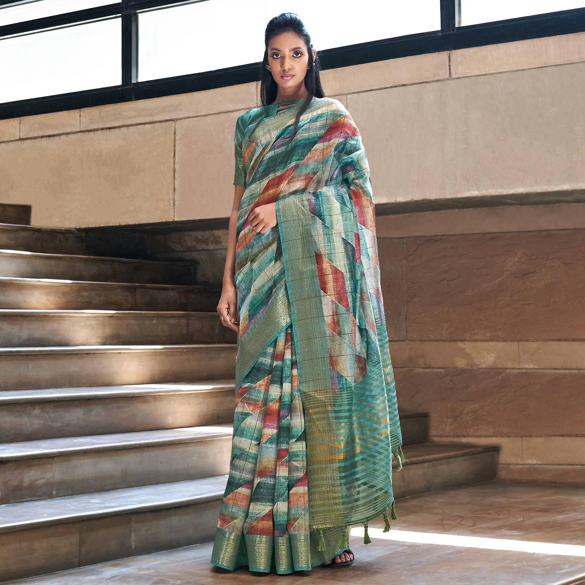 Aqua Blue Digital Printed-Woven Art Silk Saree With Tassels - Peachmode