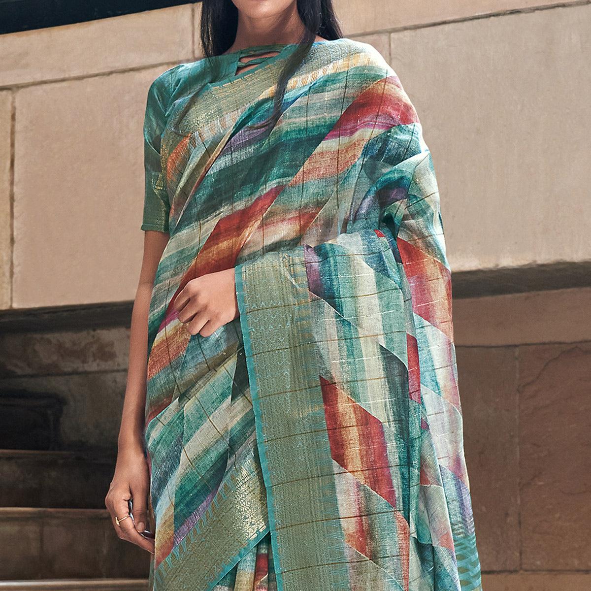 Aqua Blue Digital Printed-Woven Art Silk Saree With Tassels - Peachmode