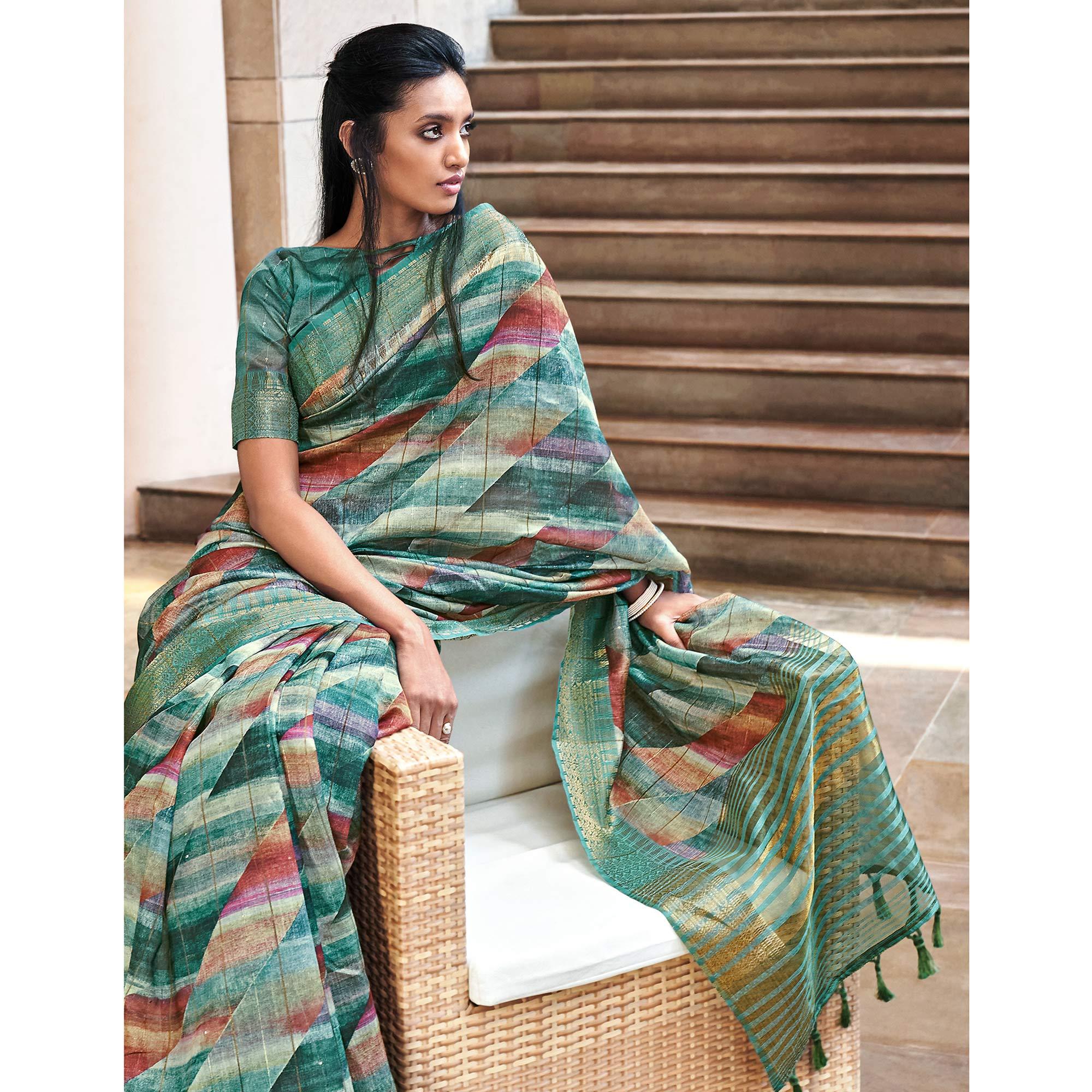 Aqua Blue Digital Printed-Woven Art Silk Saree With Tassels - Peachmode