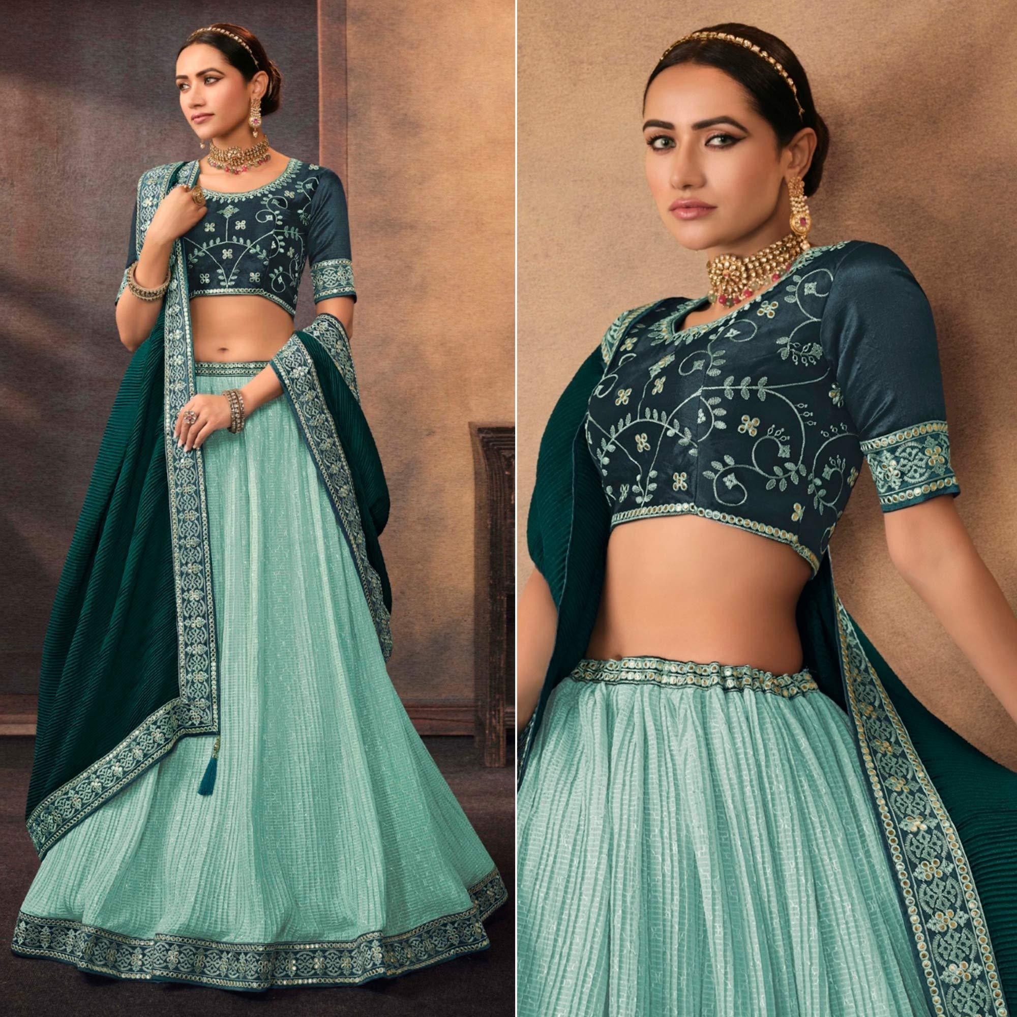Aqua Blue Embroidered Chiffon Lehenga Choli - Peachmode
