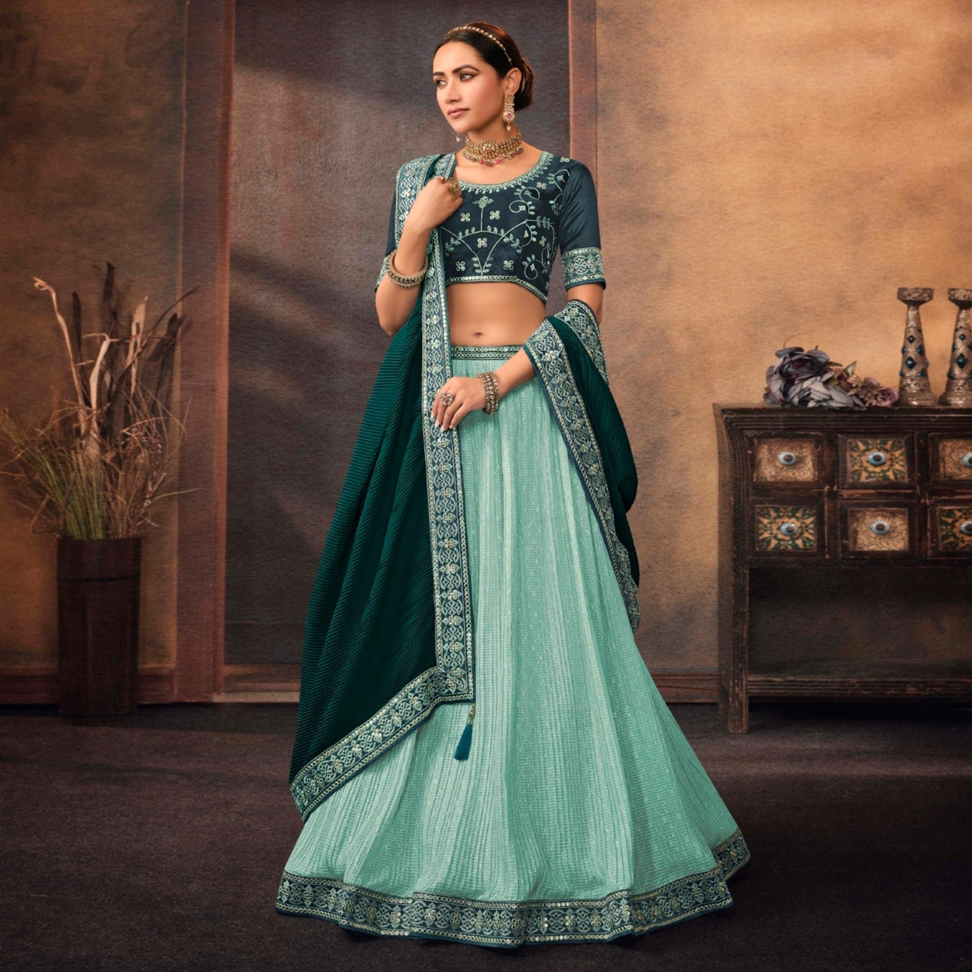Aqua Blue Embroidered Chiffon Lehenga Choli - Peachmode