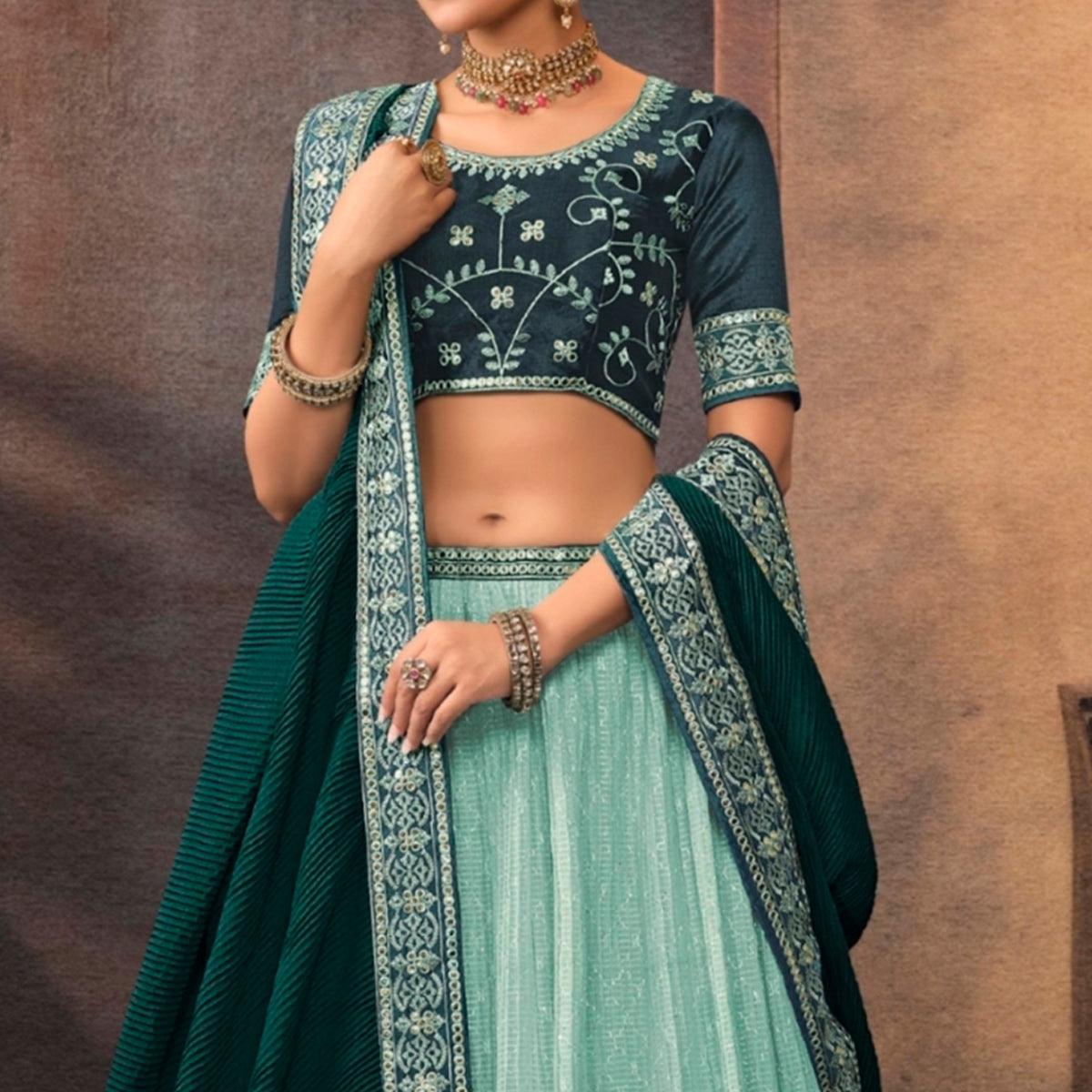 Aqua Blue Embroidered Chiffon Lehenga Choli - Peachmode