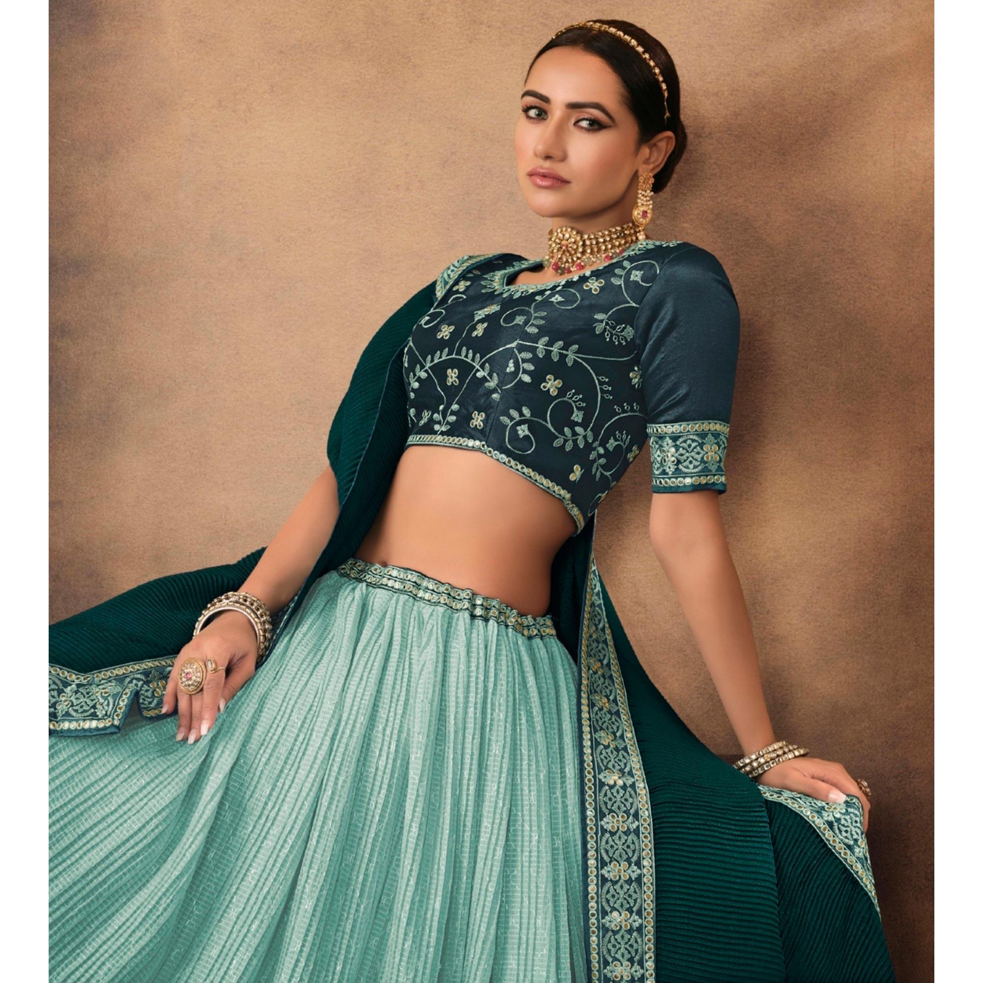 Aqua Blue Embroidered Chiffon Lehenga Choli - Peachmode