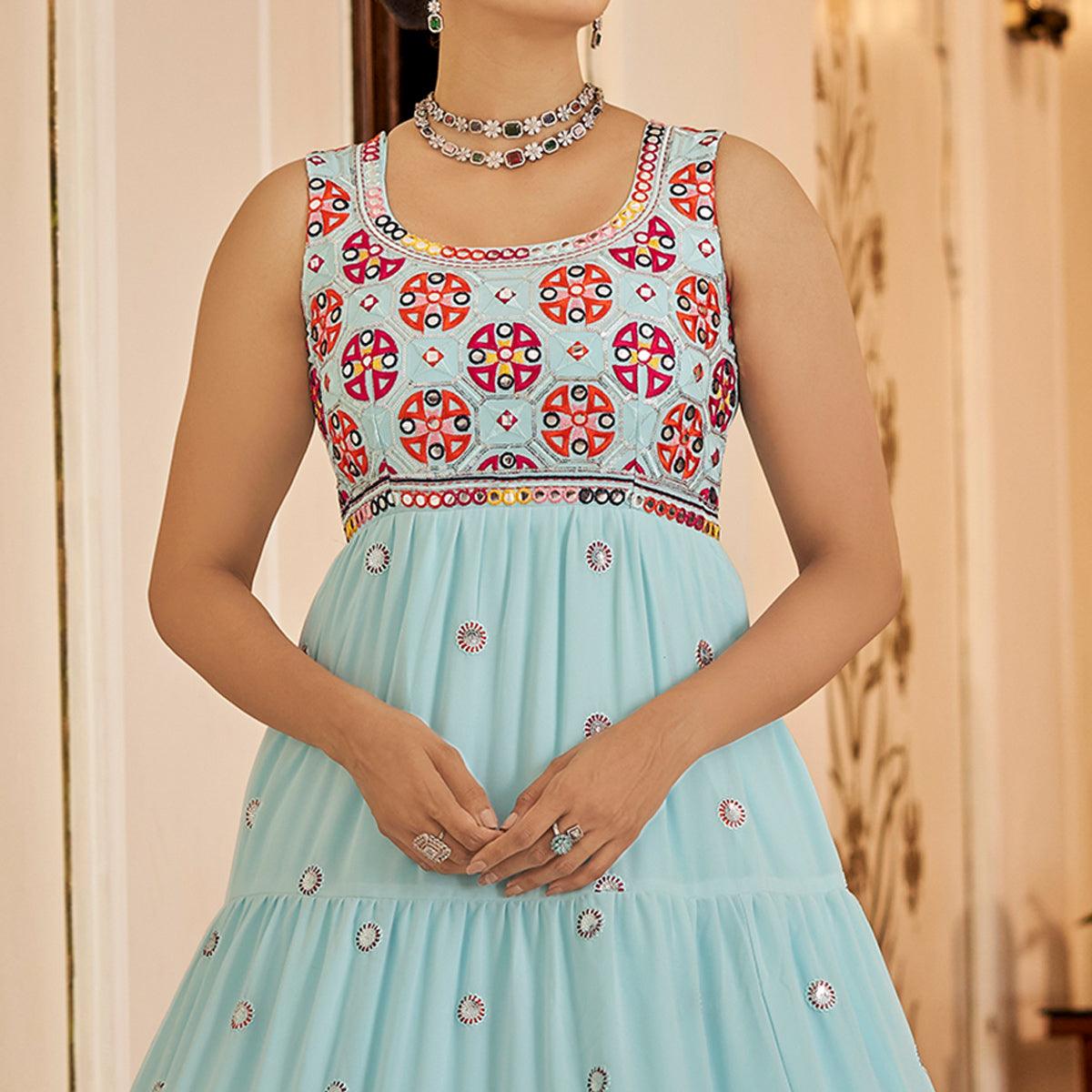 Aqua Blue Embroidered Georgette Gown - Peachmode