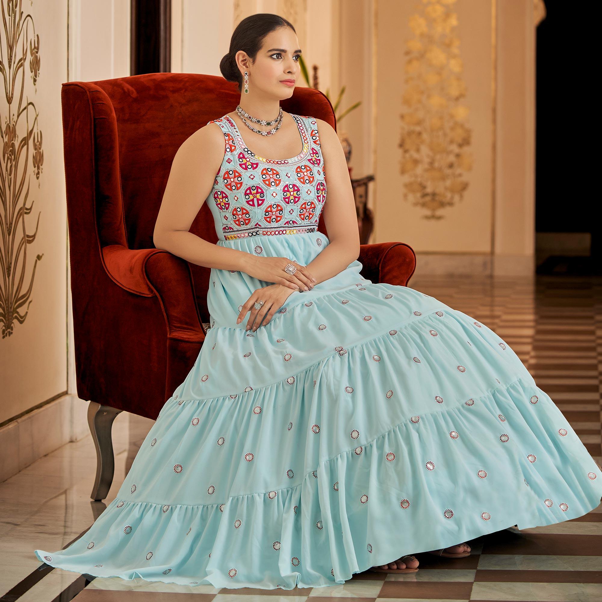 Aqua Blue Embroidered Georgette Gown - Peachmode