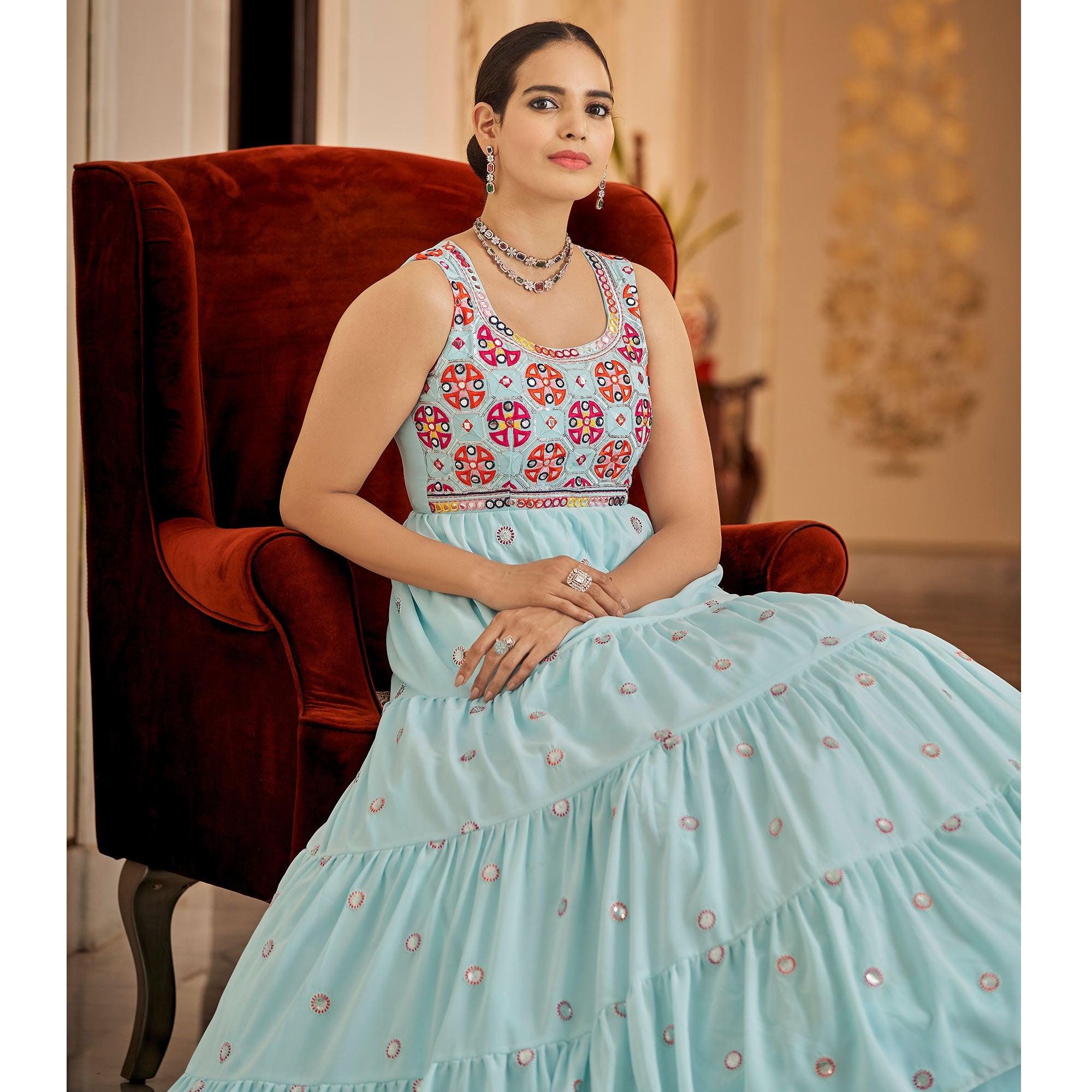 Aqua Blue Embroidered Georgette Gown - Peachmode