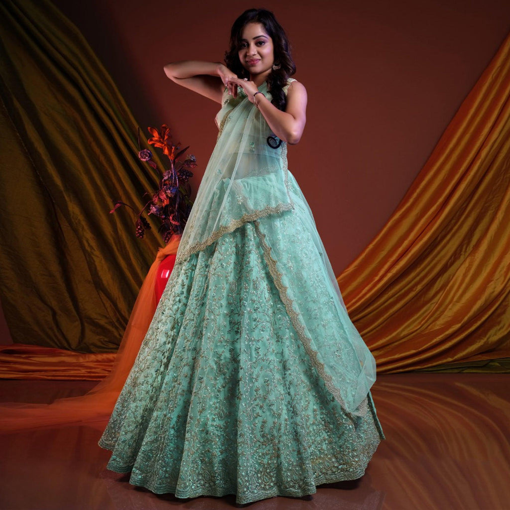Babyhug Sleeveless Embroidered Choli Lehenga And Dupatta - Aqua
