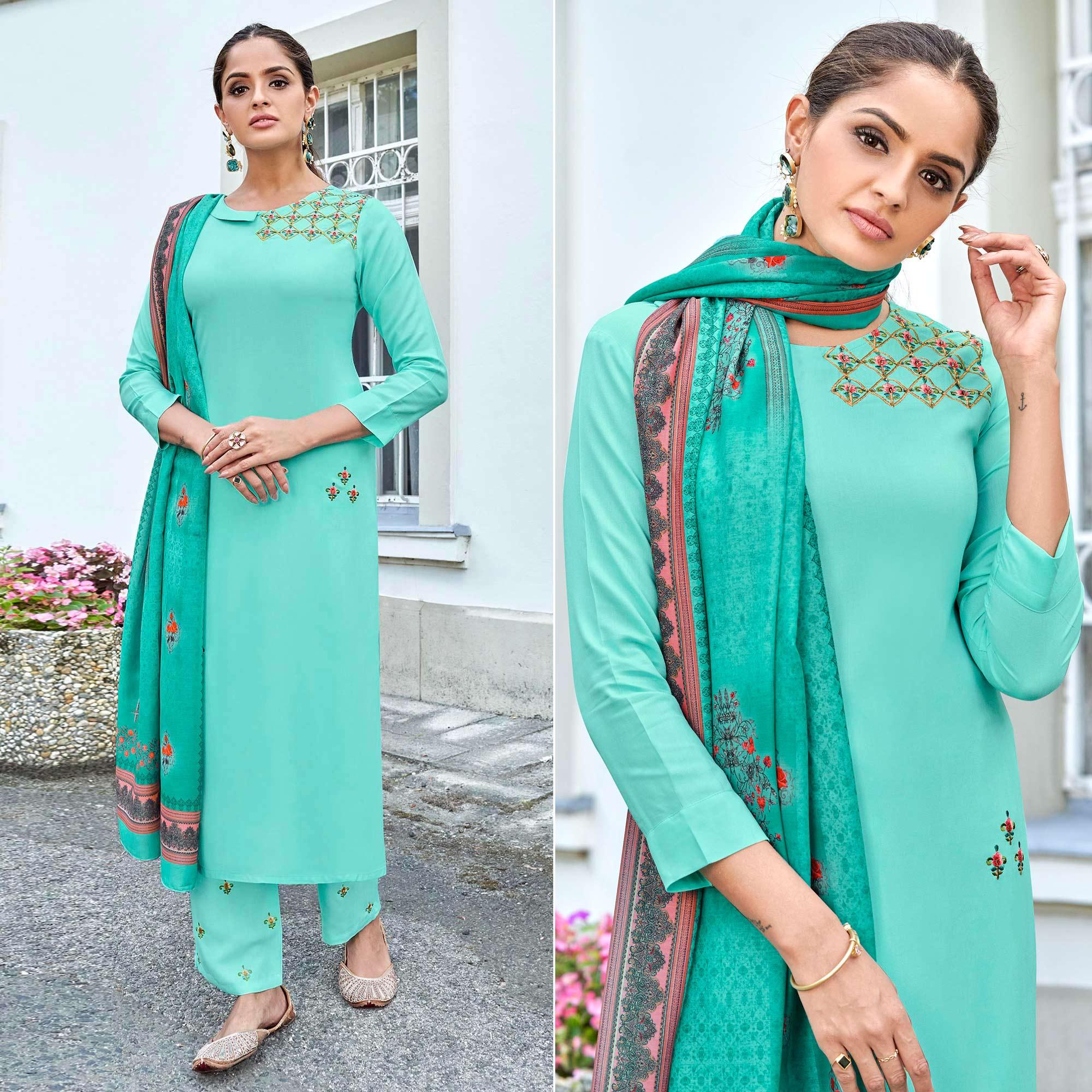 Aqua Blue Embroidered Rayon Kurti Pant Set With Dupatta - Peachmode