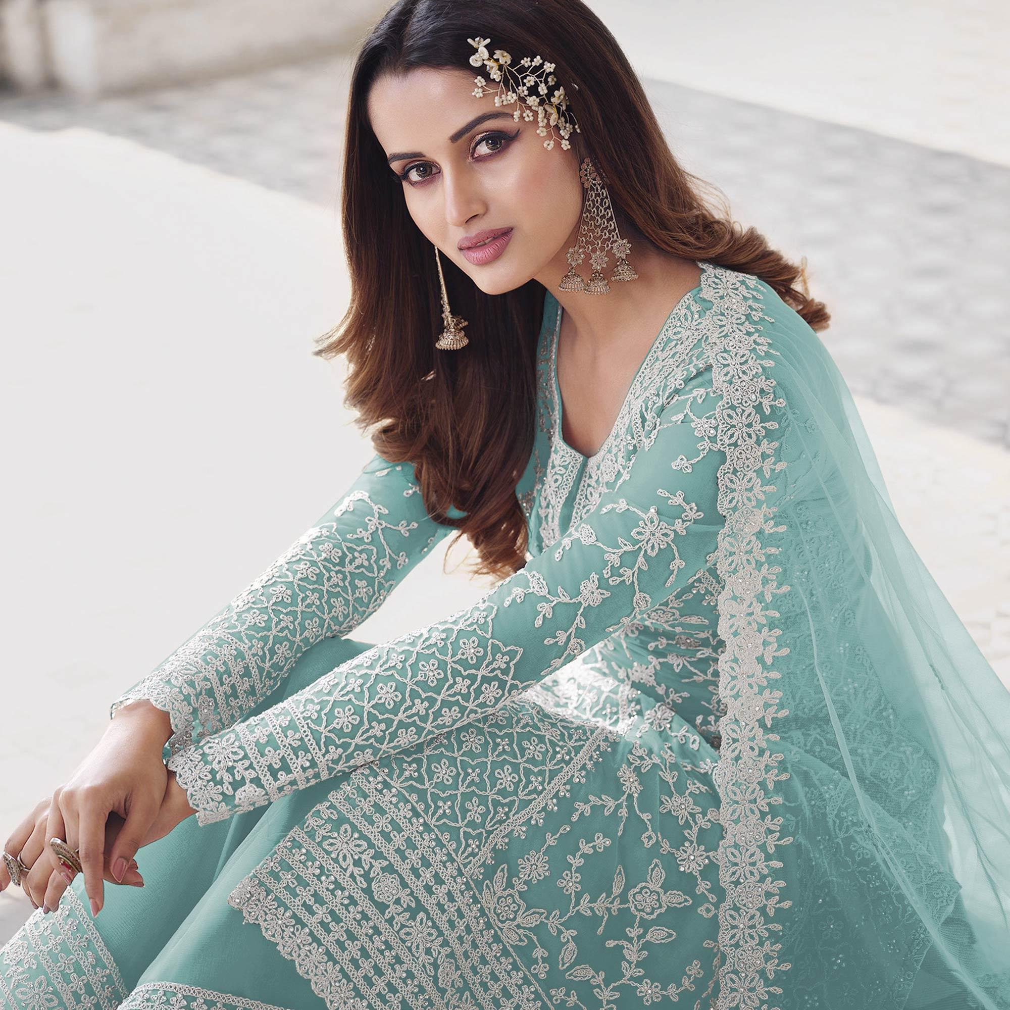 Aqua Blue Embroidered With Embellished Net Palazzo Suit - Peachmode