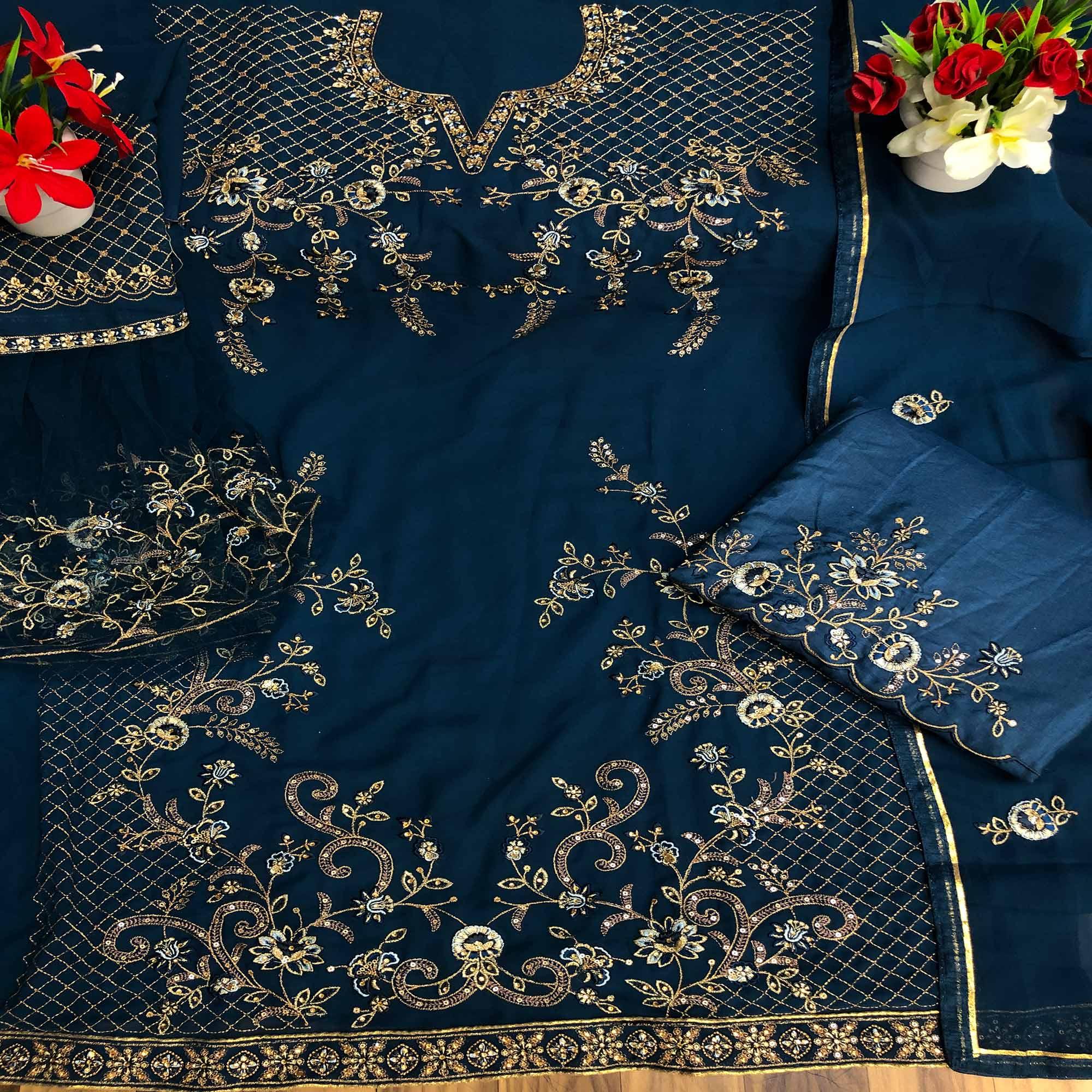 Aqua Blue Festive Wear Embroidered Faux Georgette Straight Style Palazzo Suit - Peachmode