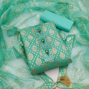 Aqua Blue Festive Wear Foil Printed Chanderi Dress Material - Peachmode