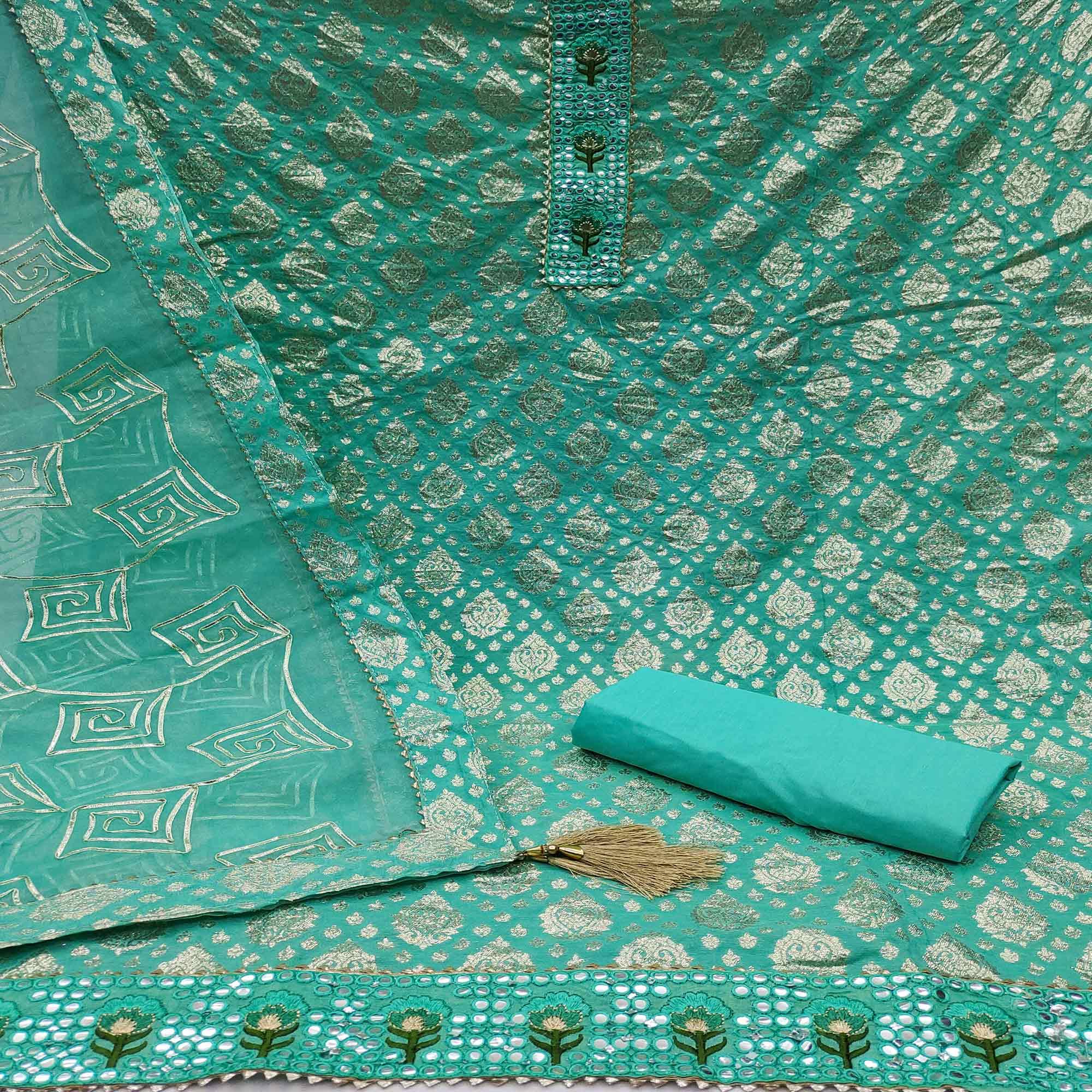 Aqua Blue Festive Wear Foil Printed Chanderi Dress Material - Peachmode
