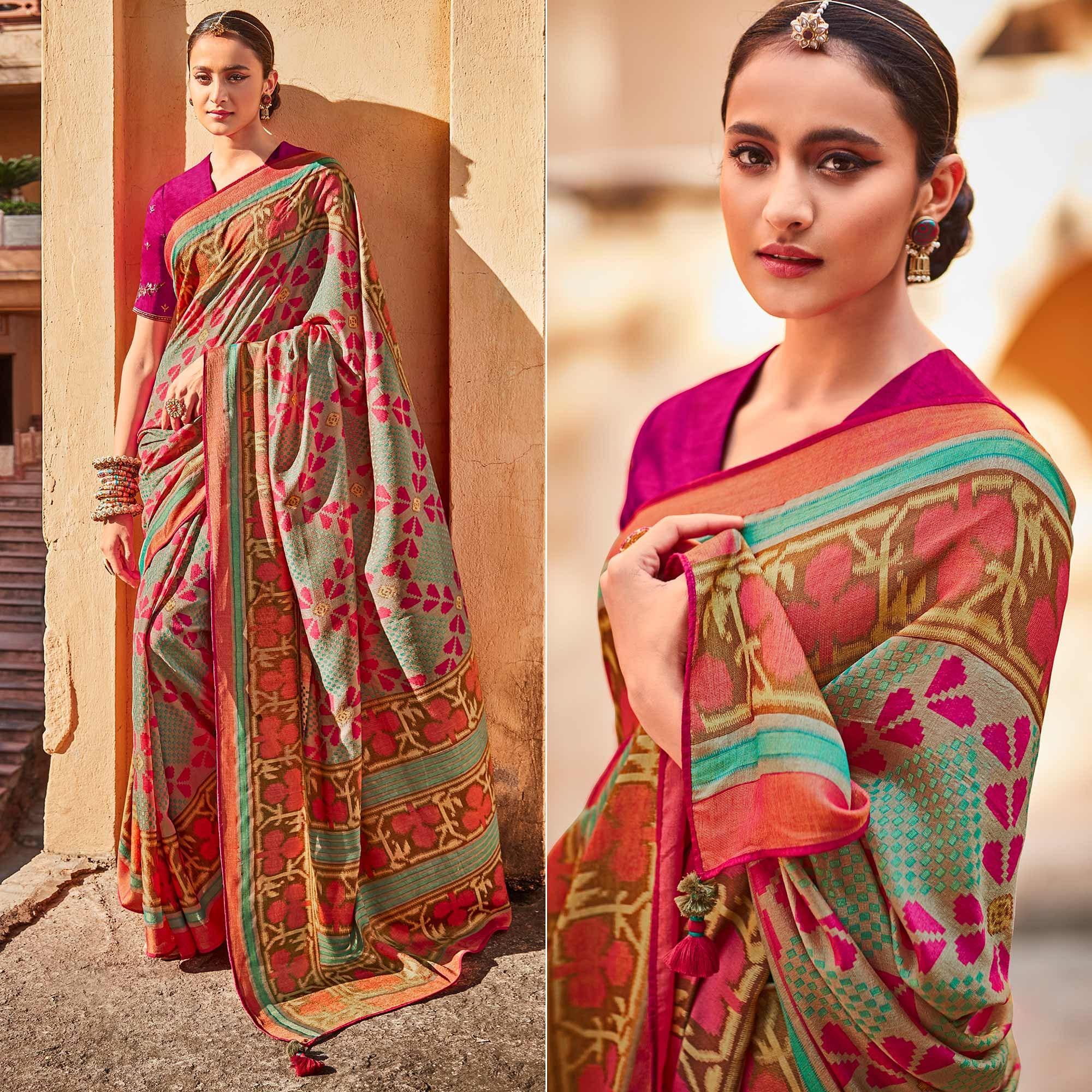 Aqua Blue Festive Wear Printed Silk Saree - Peachmode