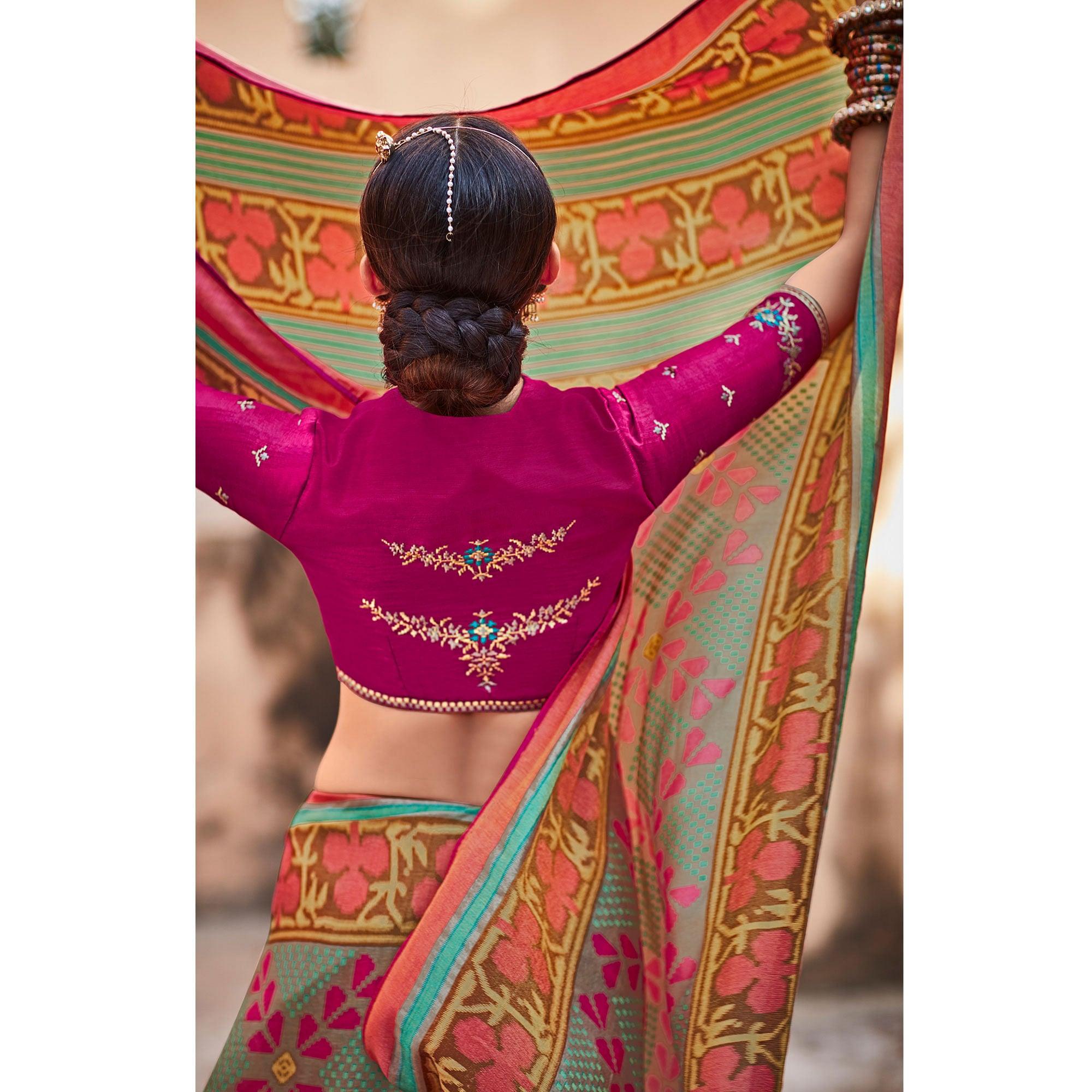Aqua Blue Festive Wear Printed Silk Saree - Peachmode