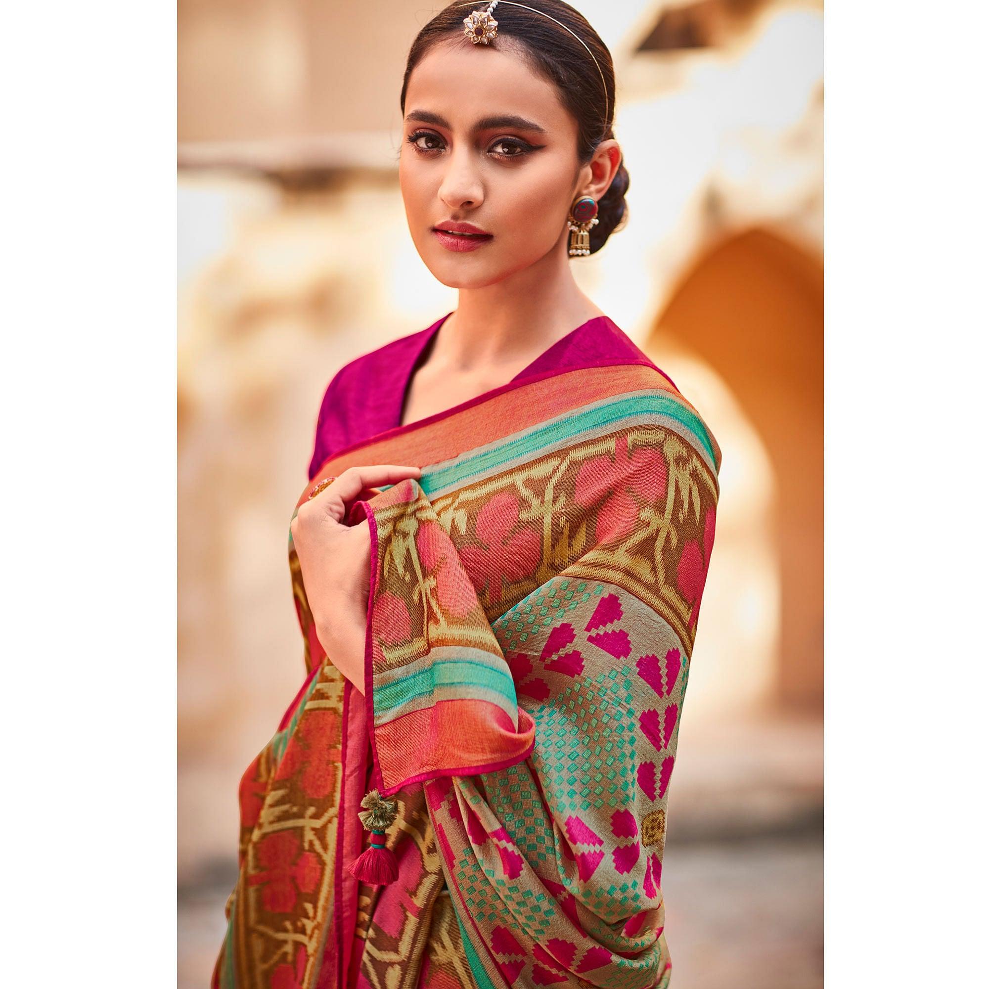 Aqua Blue Festive Wear Printed Silk Saree - Peachmode