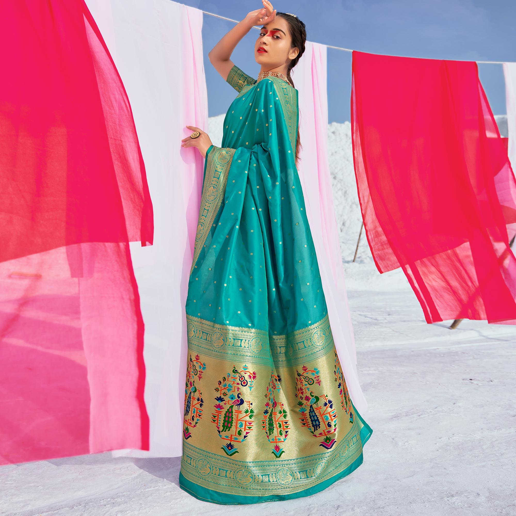 Aqua Blue Festive Wear Woven Banarasi Silk Paithani Saree - Peachmode