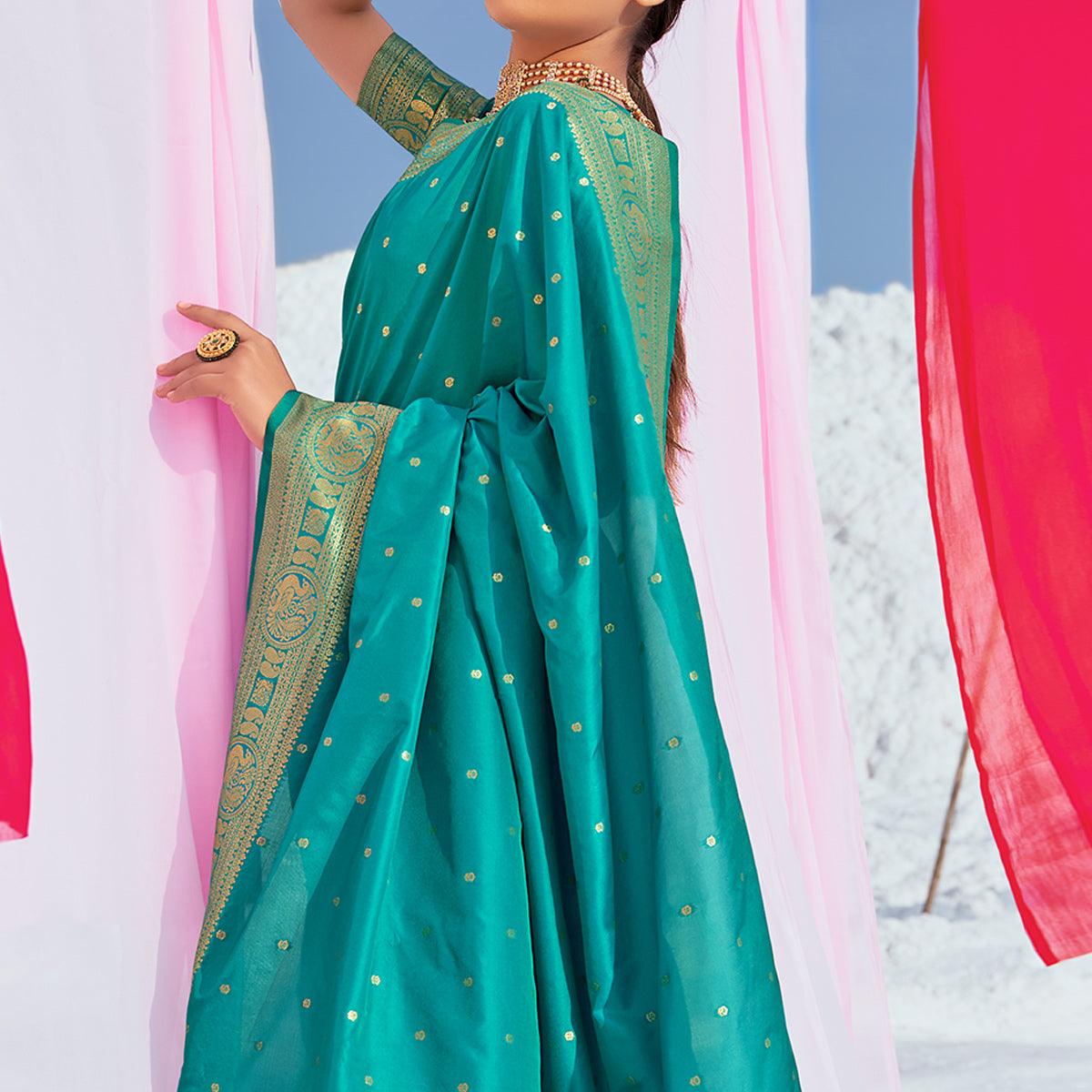 Aqua Blue Festive Wear Woven Banarasi Silk Paithani Saree - Peachmode