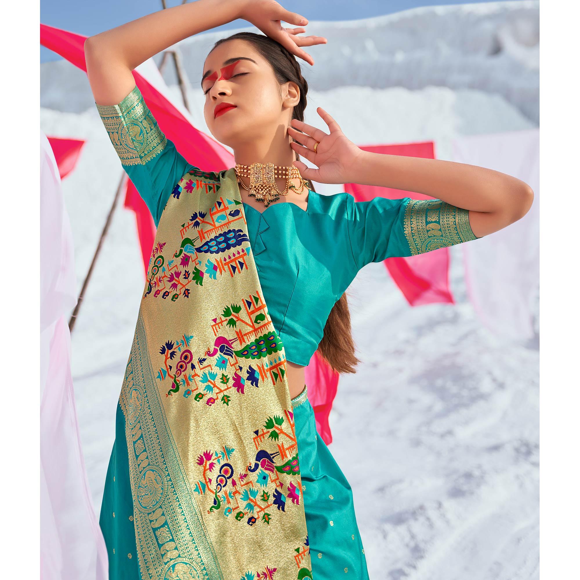 Aqua Blue Festive Wear Woven Banarasi Silk Paithani Saree - Peachmode