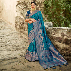 Aqua Blue Festive Wear Woven Silk Saree - Peachmode