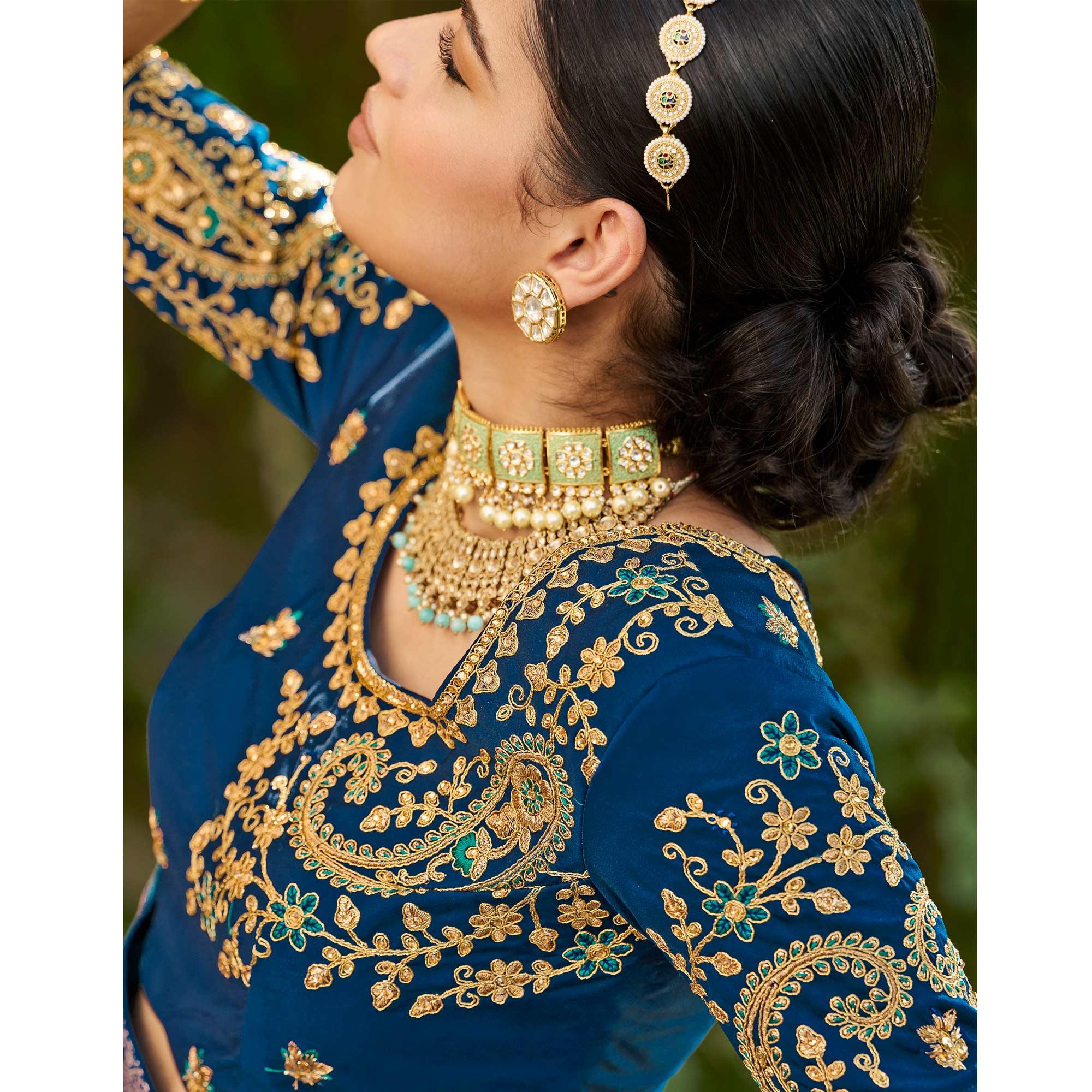 Aqua Blue Festive Wear Woven Silk Saree - Peachmode