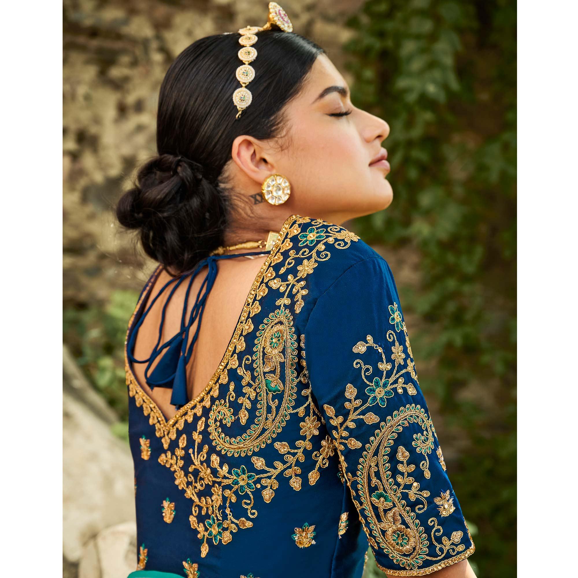 Aqua Blue Festive Wear Woven Silk Saree - Peachmode