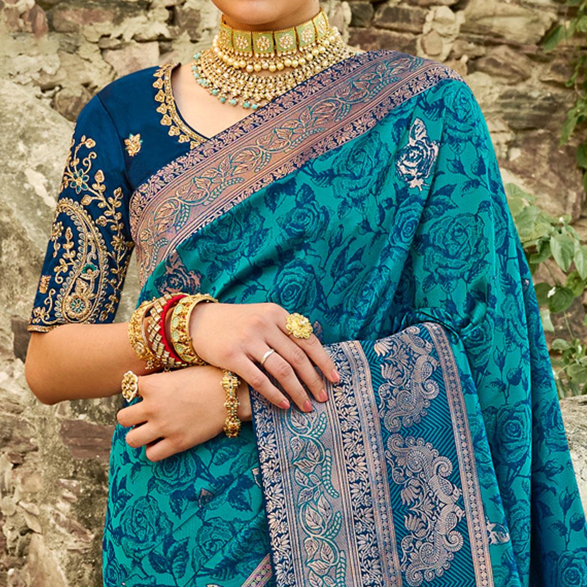 Aqua Blue Festive Wear Woven Silk Saree - Peachmode