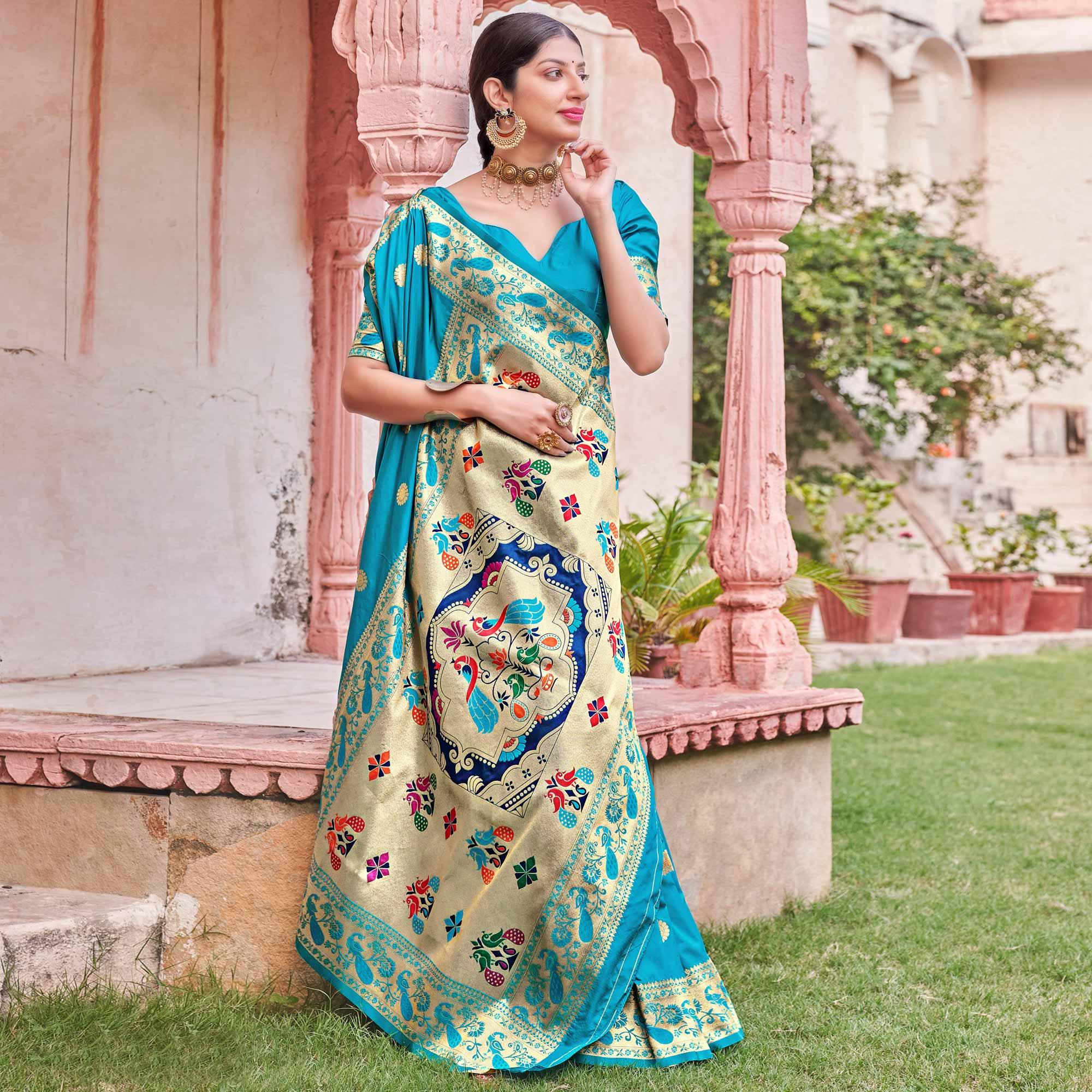 Aqua Blue Festive Wear Woven Soft Banarasi Silk Saree - Peachmode