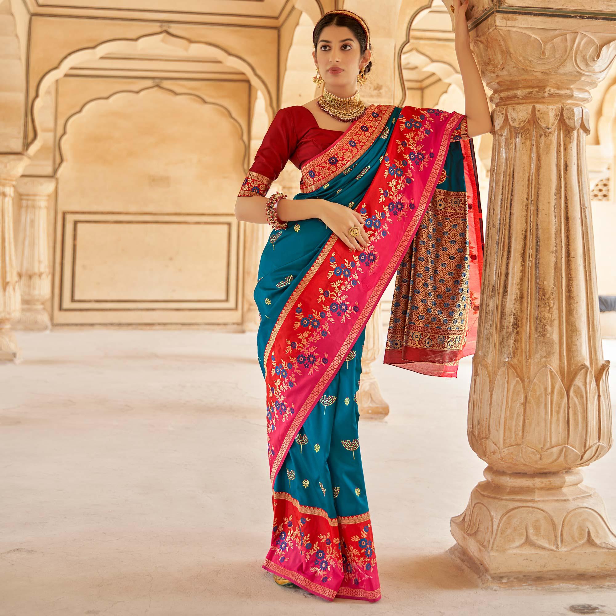 Aqua Blue Festive Wear Woven Soft Banarasi Silk Saree - Peachmode