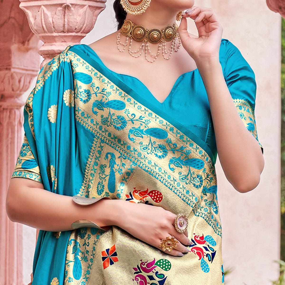 Aqua Blue Festive Wear Woven Soft Banarasi Silk Saree - Peachmode