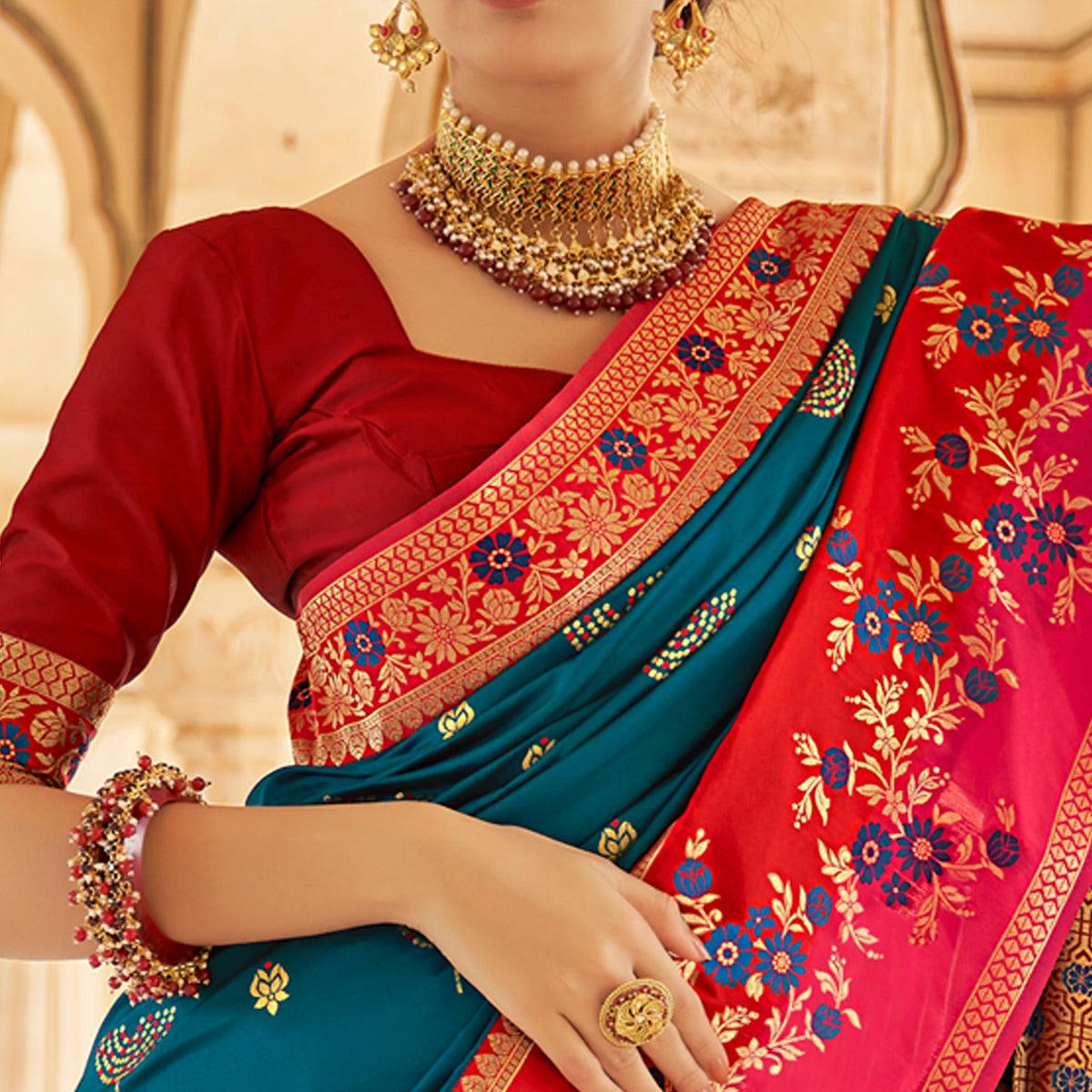 Aqua Blue Festive Wear Woven Soft Banarasi Silk Saree - Peachmode