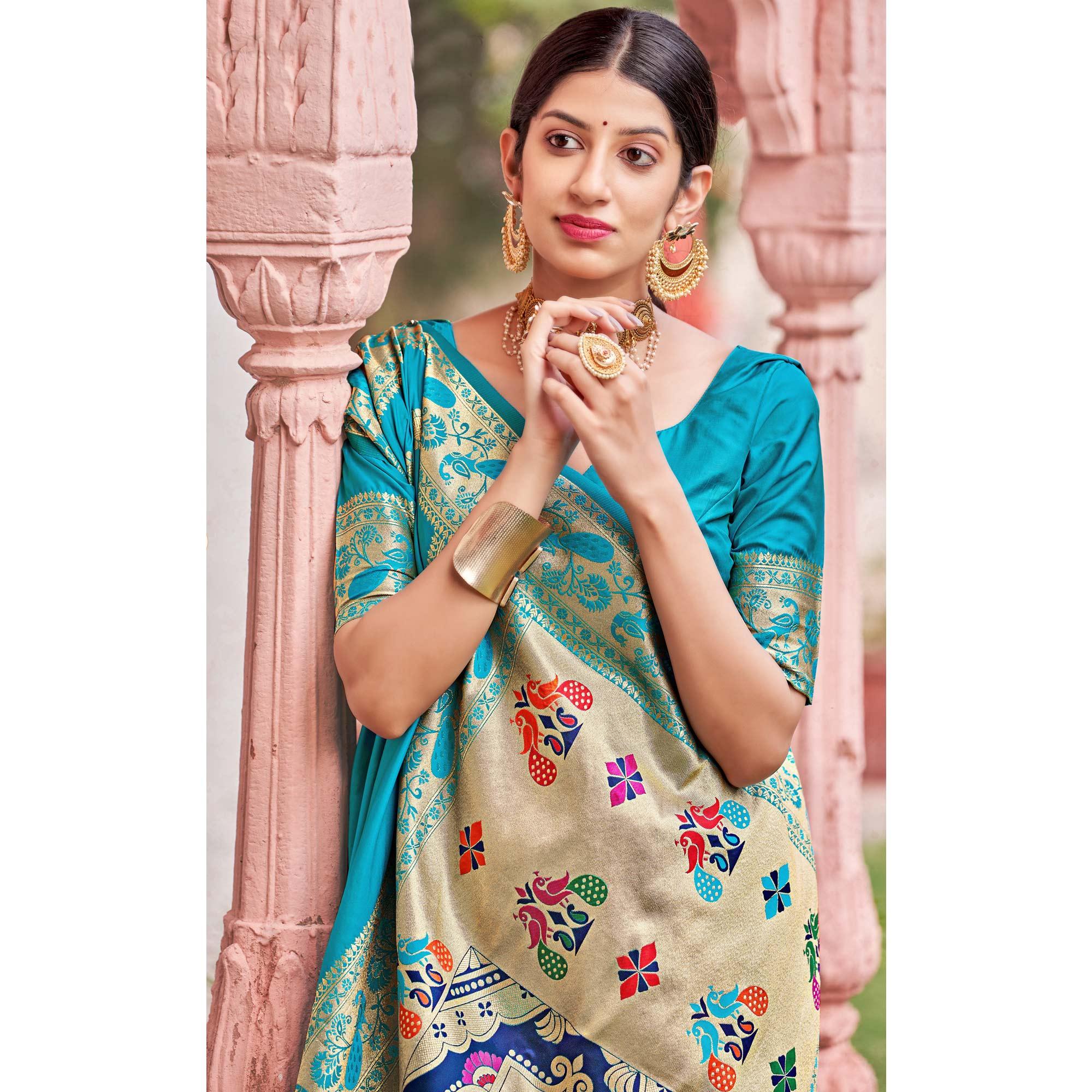 Aqua Blue Festive Wear Woven Soft Banarasi Silk Saree - Peachmode