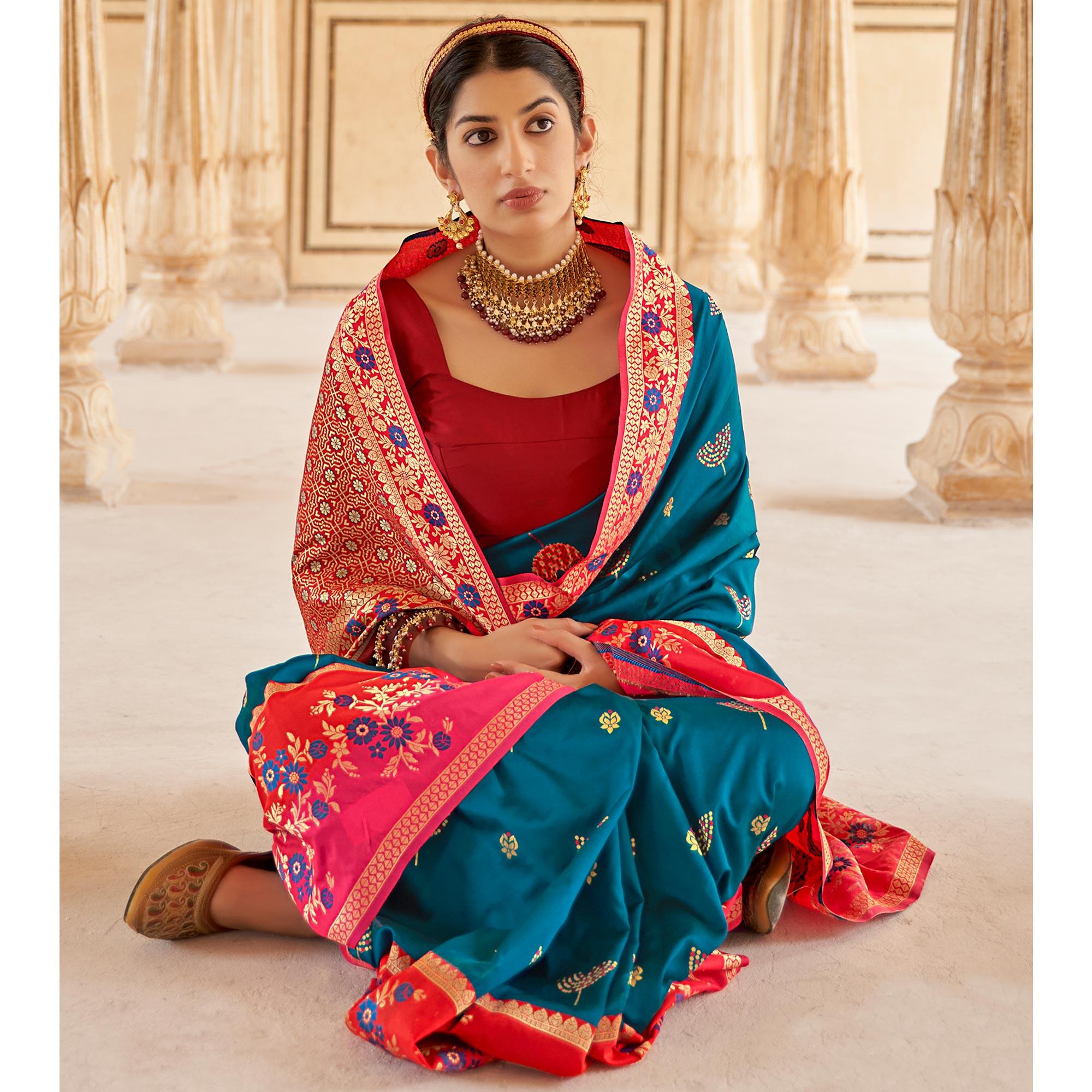 Aqua Blue Festive Wear Woven Soft Banarasi Silk Saree - Peachmode
