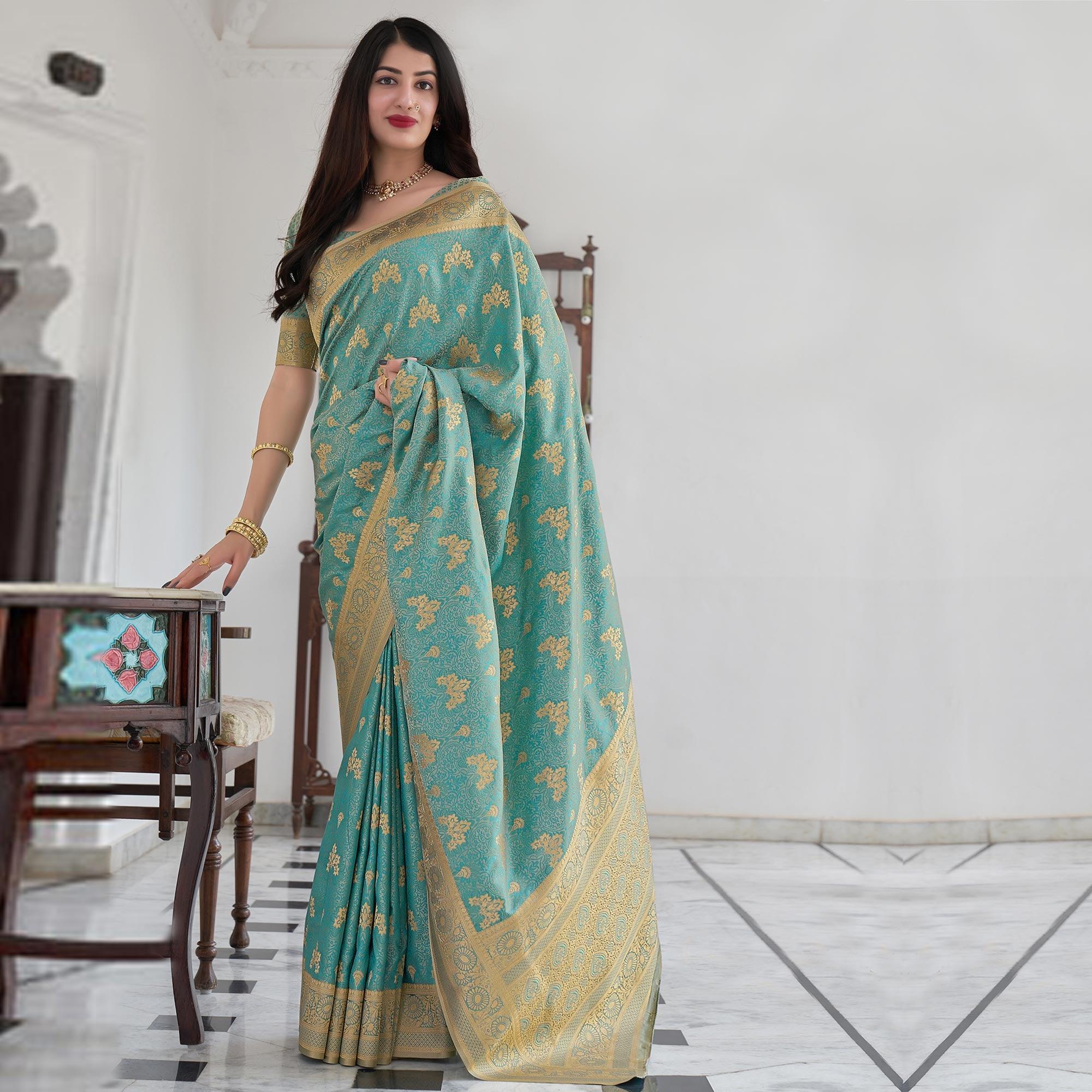 Aqua Blue Festive Wear Woven Soft Satin Silk Saree - Peachmode