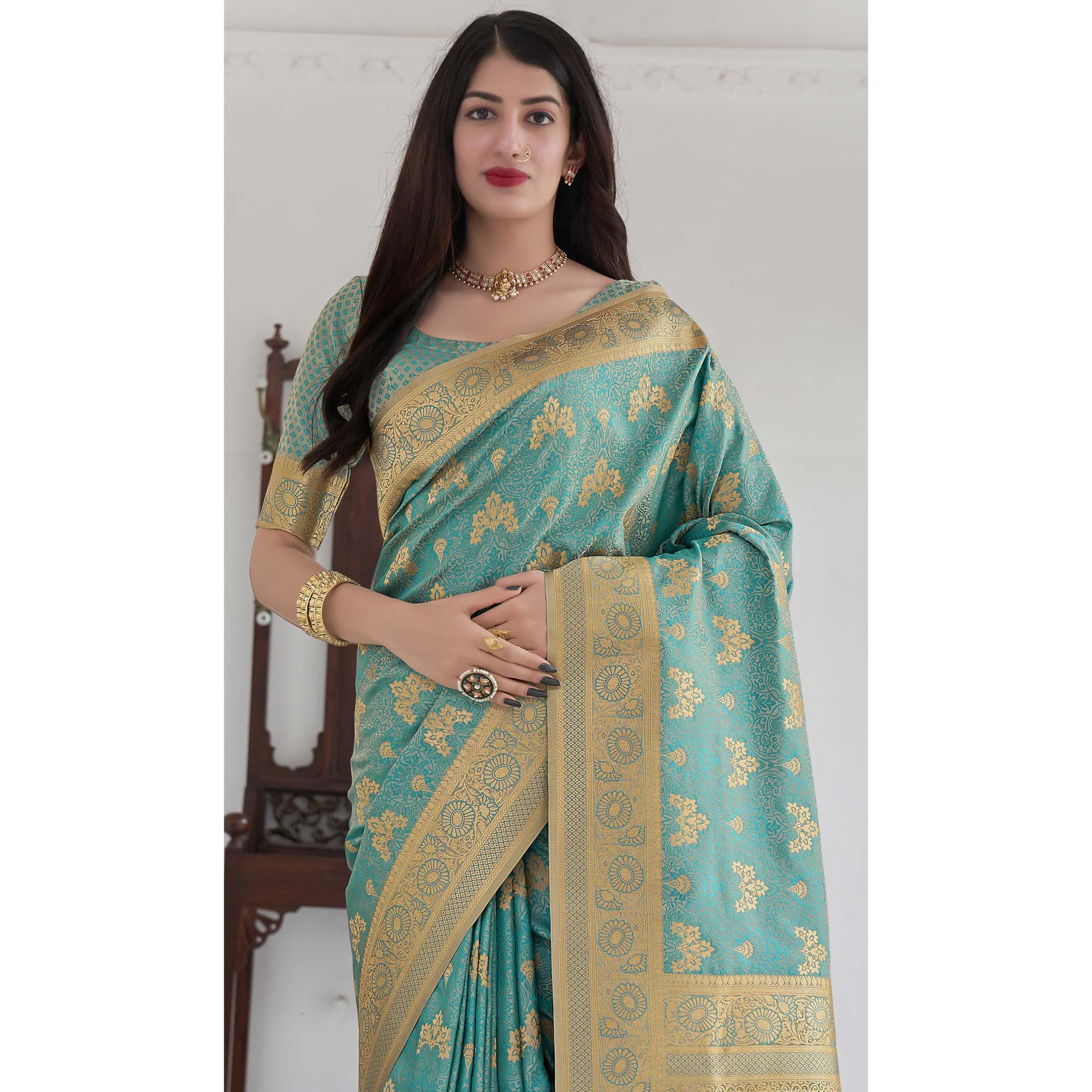 Aqua Blue Festive Wear Woven Soft Satin Silk Saree - Peachmode