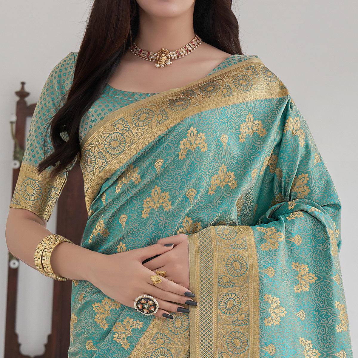 Aqua Blue Festive Wear Woven Soft Satin Silk Saree - Peachmode