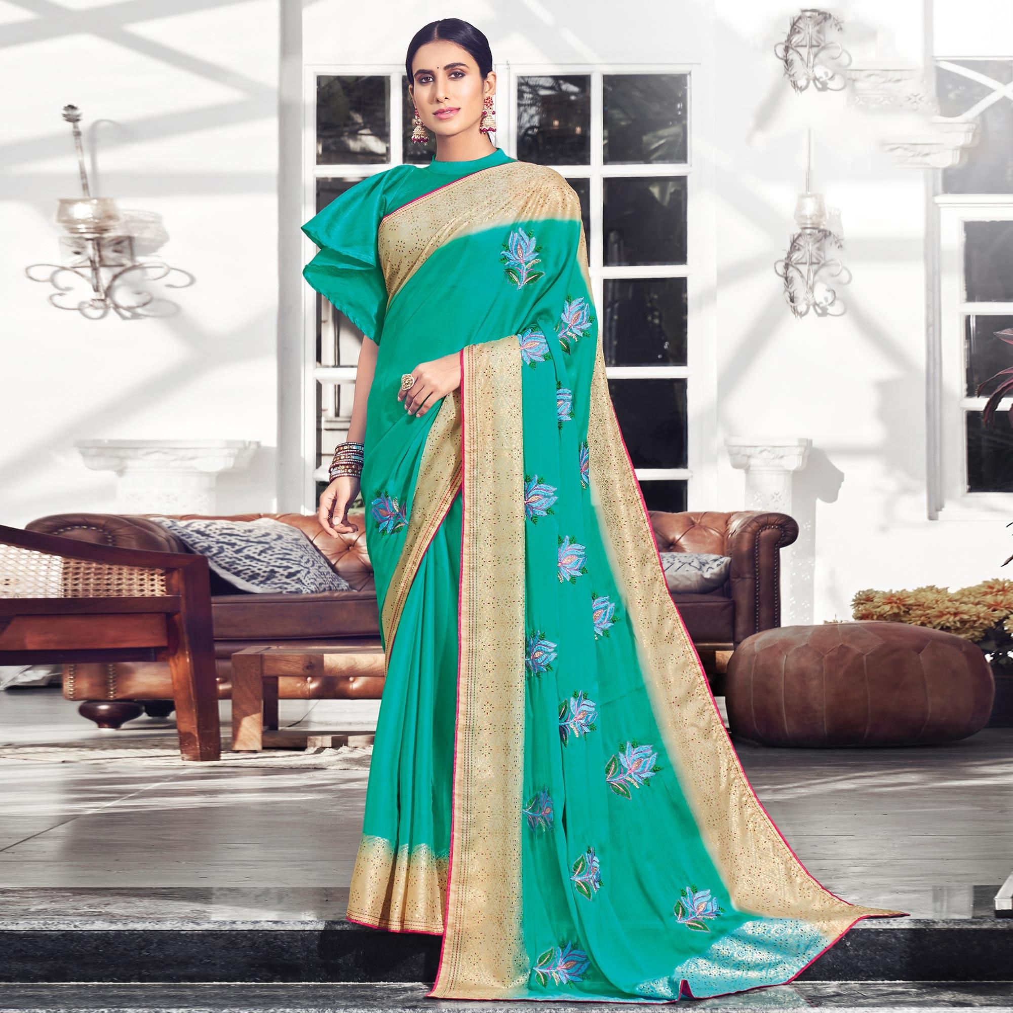 Aqua Blue Floral Embroidered Chiffon Saree - Peachmode
