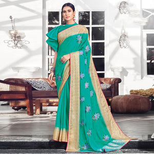 Aqua Blue Floral Embroidered Chiffon Saree - Peachmode