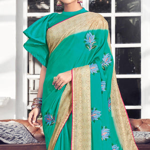 Aqua Blue Floral Embroidered Chiffon Saree - Peachmode