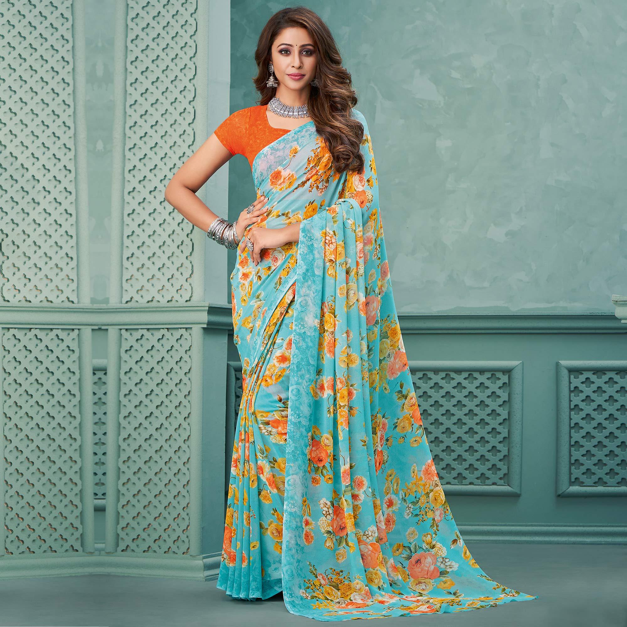 Aqua Blue Floral Printed Georgette Saree - Peachmode