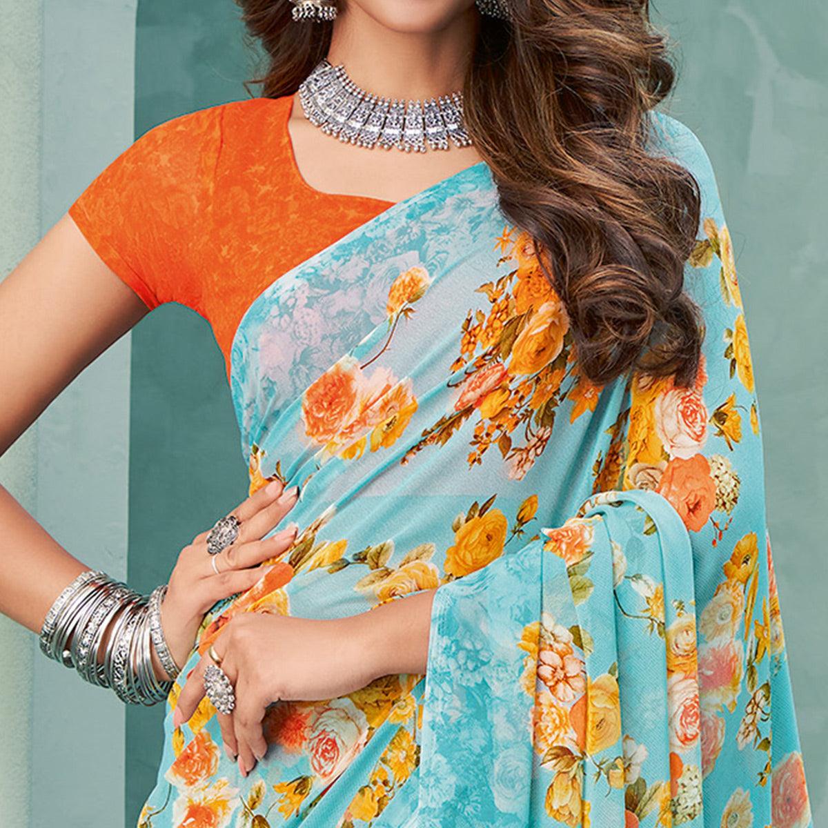 Aqua Blue Floral Printed Georgette Saree - Peachmode