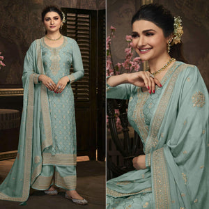Aqua Blue Floral Sequence Embroidered Dola Silk Palazzo Suit - Peachmode