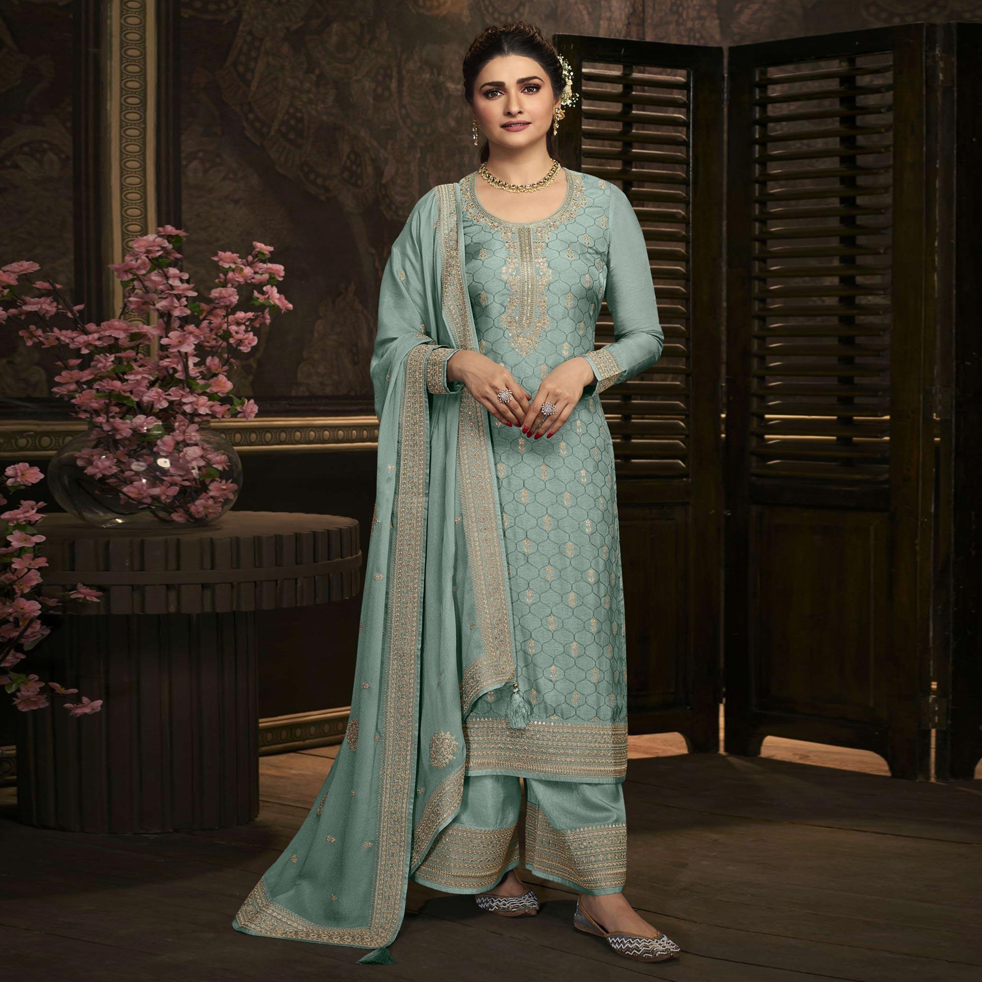 Aqua Blue Floral Sequence Embroidered Dola Silk Palazzo Suit - Peachmode