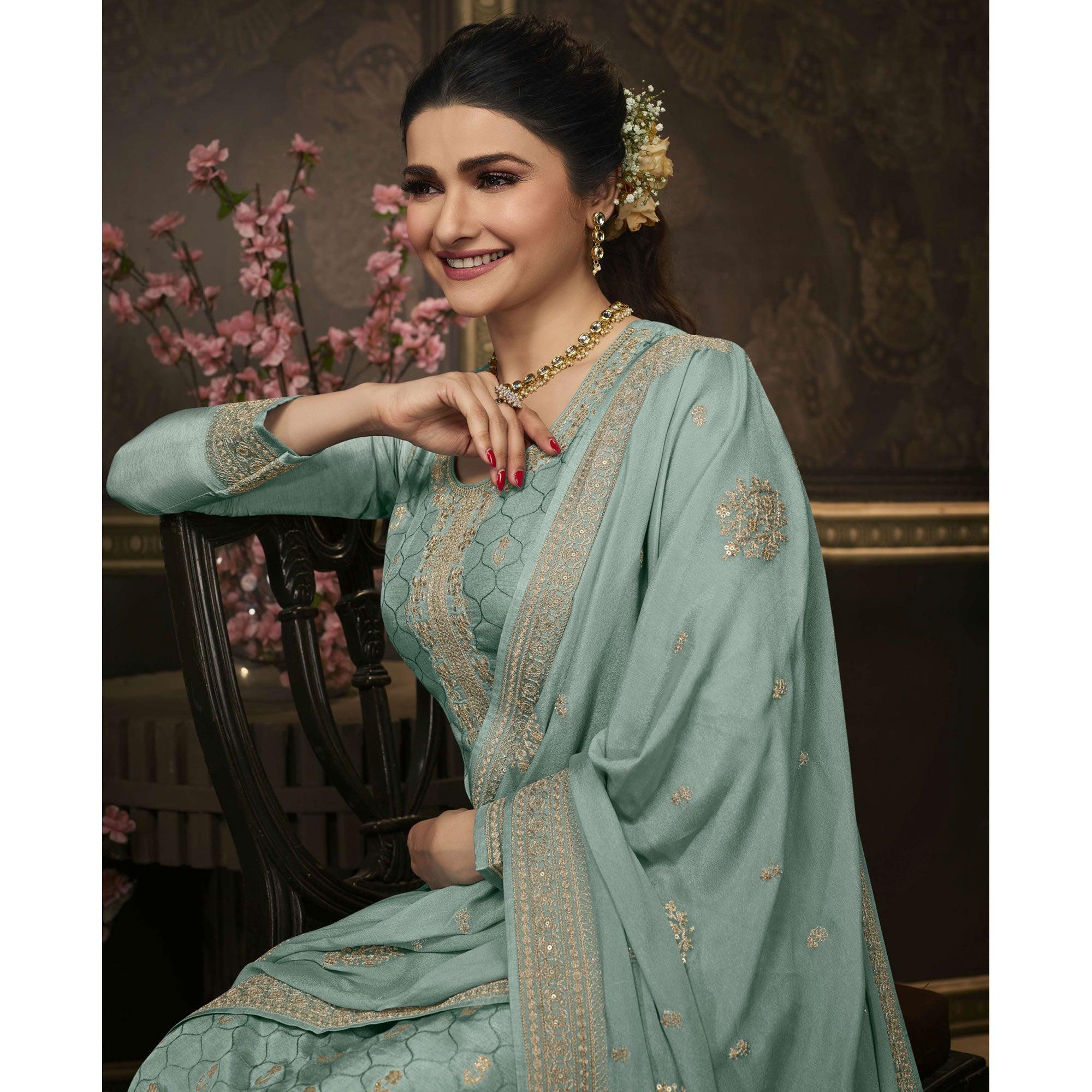 Aqua Blue Floral Sequence Embroidered Dola Silk Palazzo Suit - Peachmode