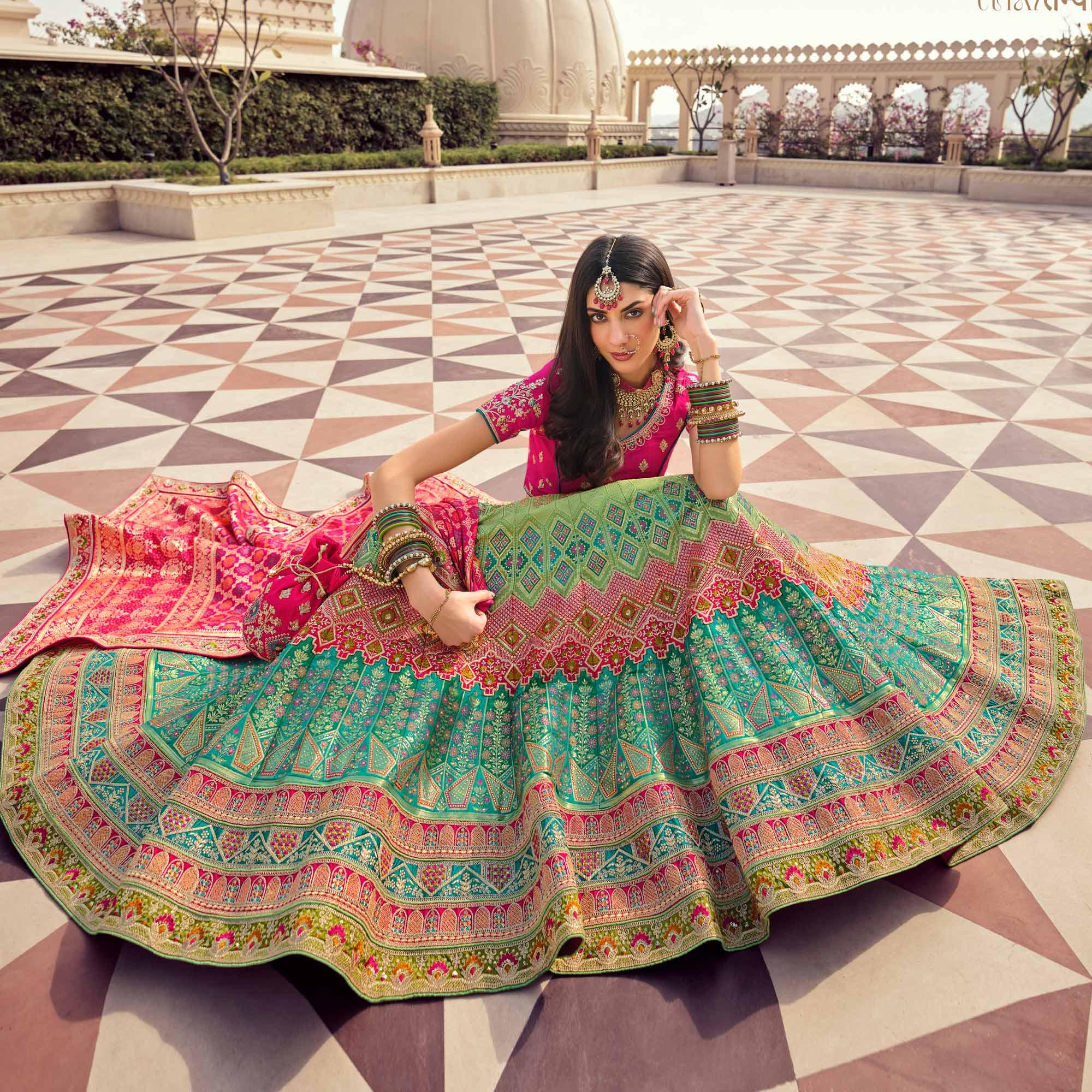 Aqua Blue-Green Partywear Embellished Embroiderd Banarasi Silk Lehenga - Peachmode