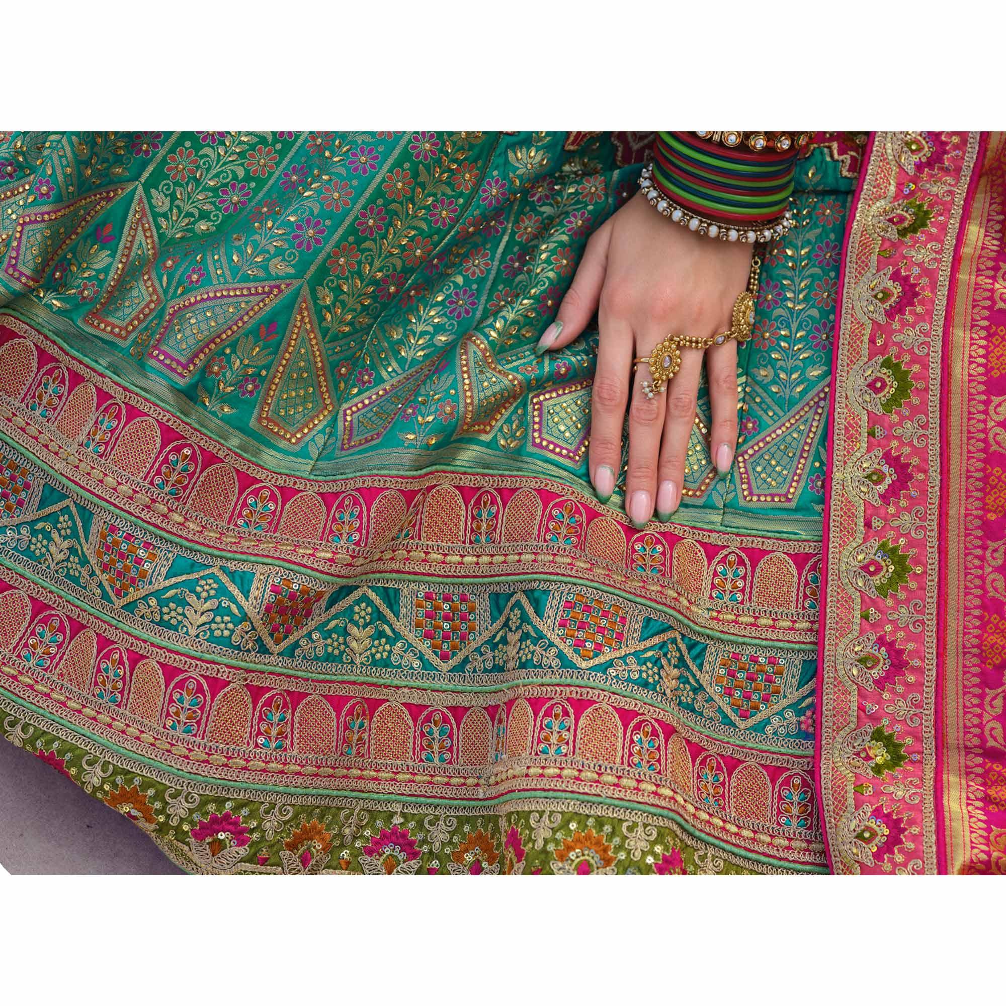 Aqua Blue-Green Partywear Embellished Embroiderd Banarasi Silk Lehenga - Peachmode