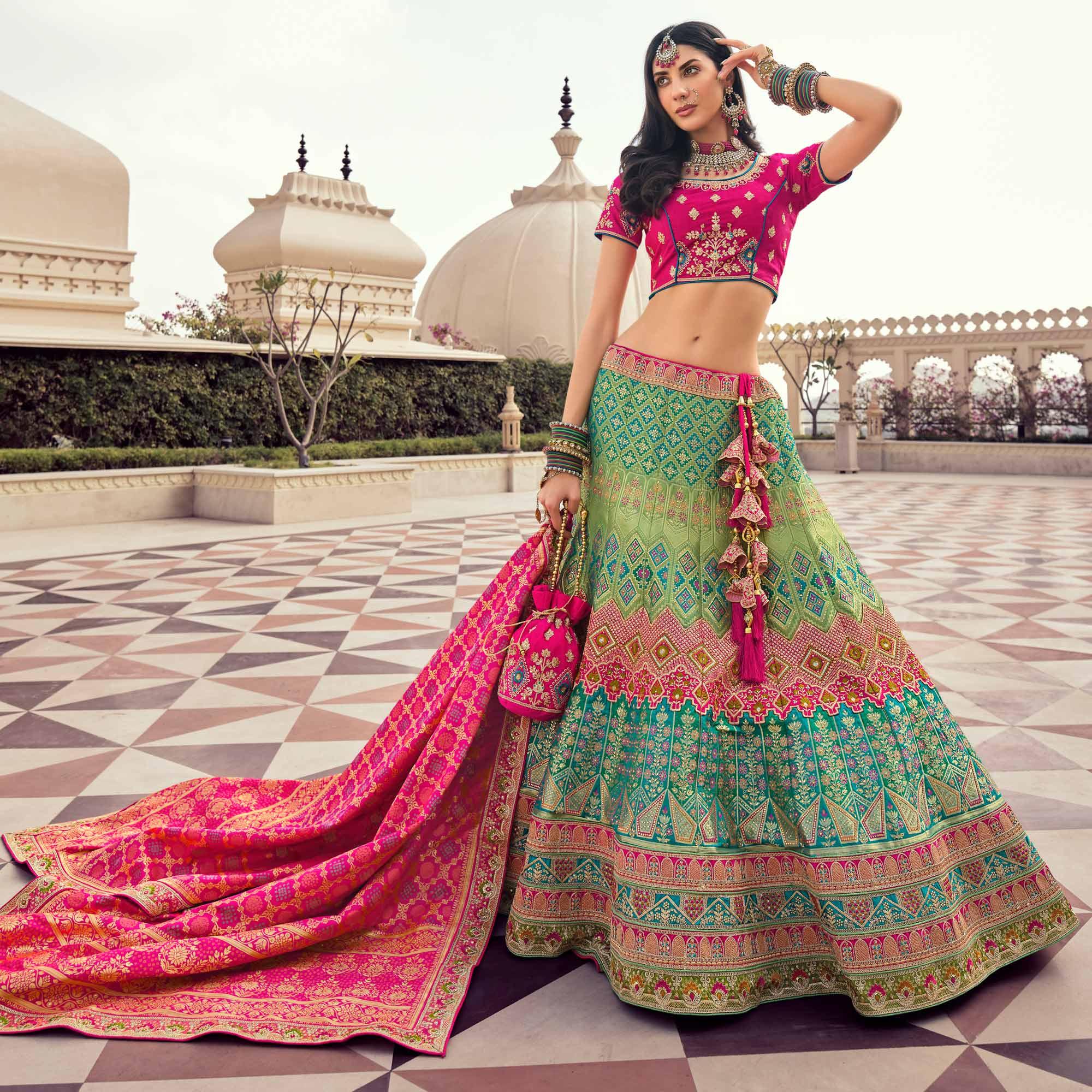 Aqua Blue-Green Partywear Embellished Embroiderd Banarasi Silk Lehenga - Peachmode