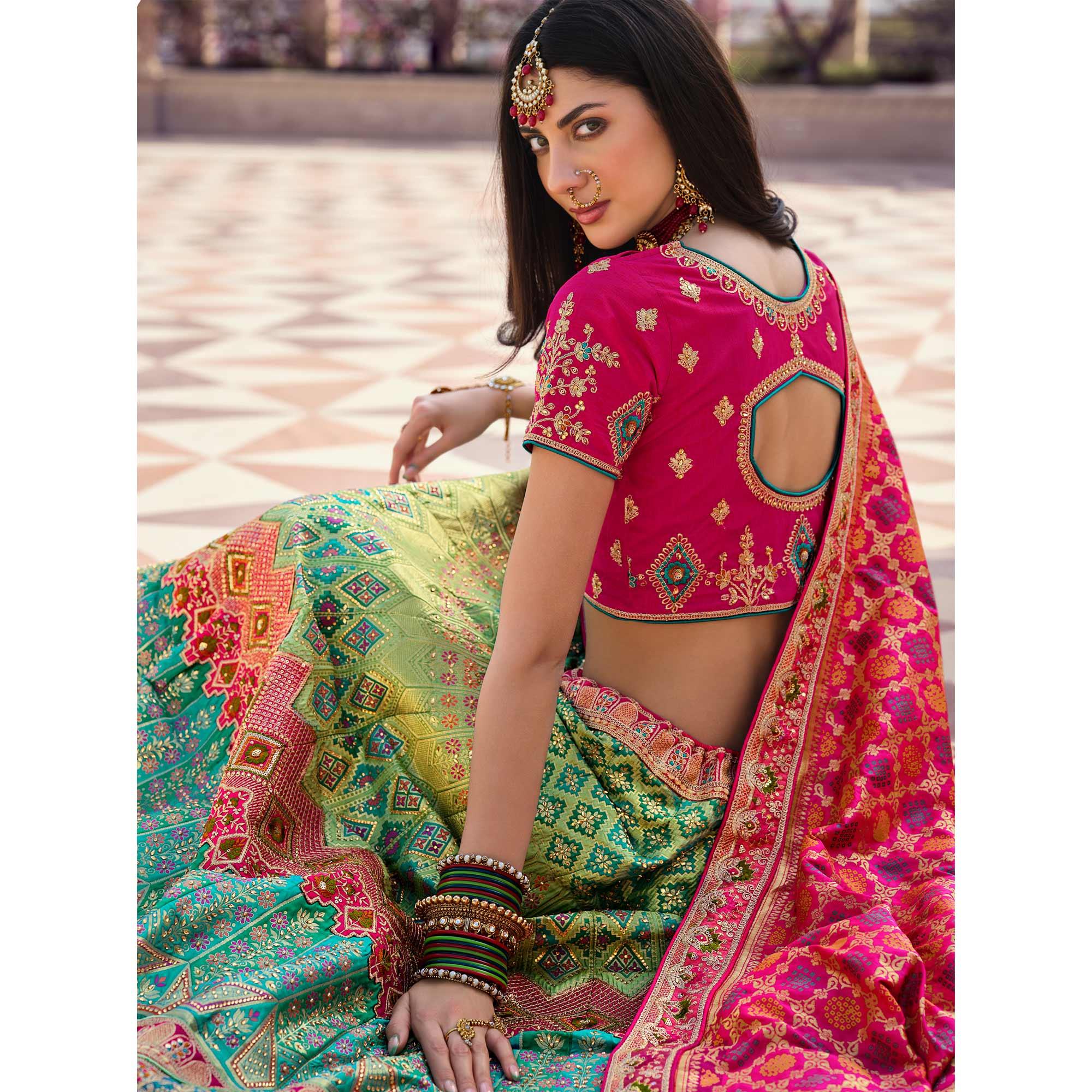 Aqua Blue-Green Partywear Embellished Embroiderd Banarasi Silk Lehenga - Peachmode